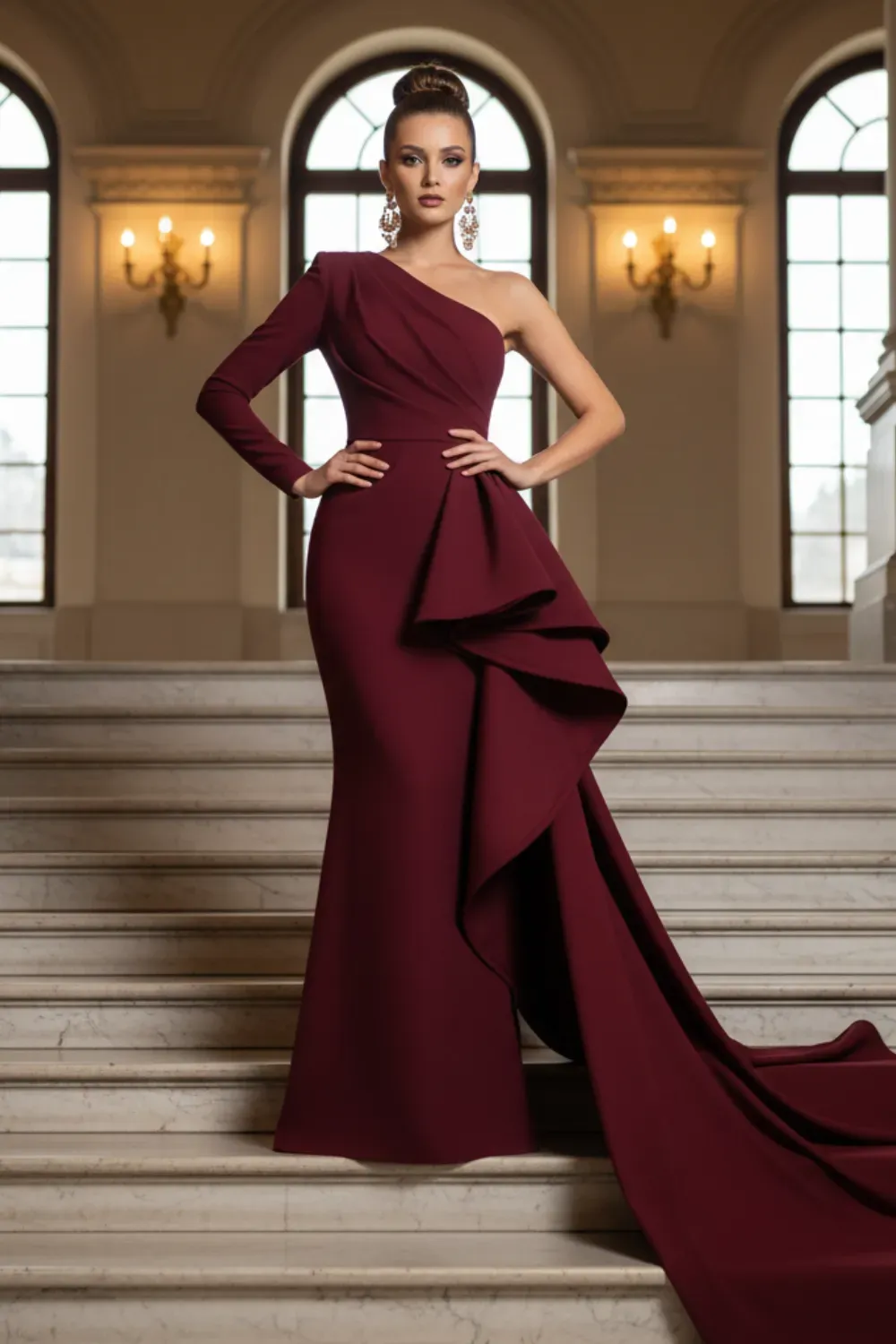 Red carpet one-shoulder burgundy gown with intricate draping and dramatic ruffled train.