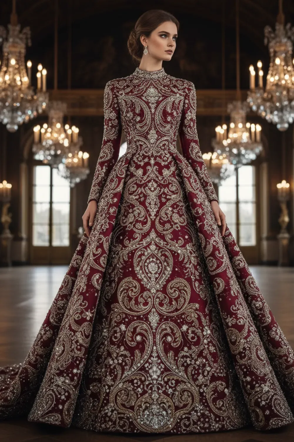 Bridal/Red carpet high-neck burgundy ball gown completely covered in gold and silver embroidery.