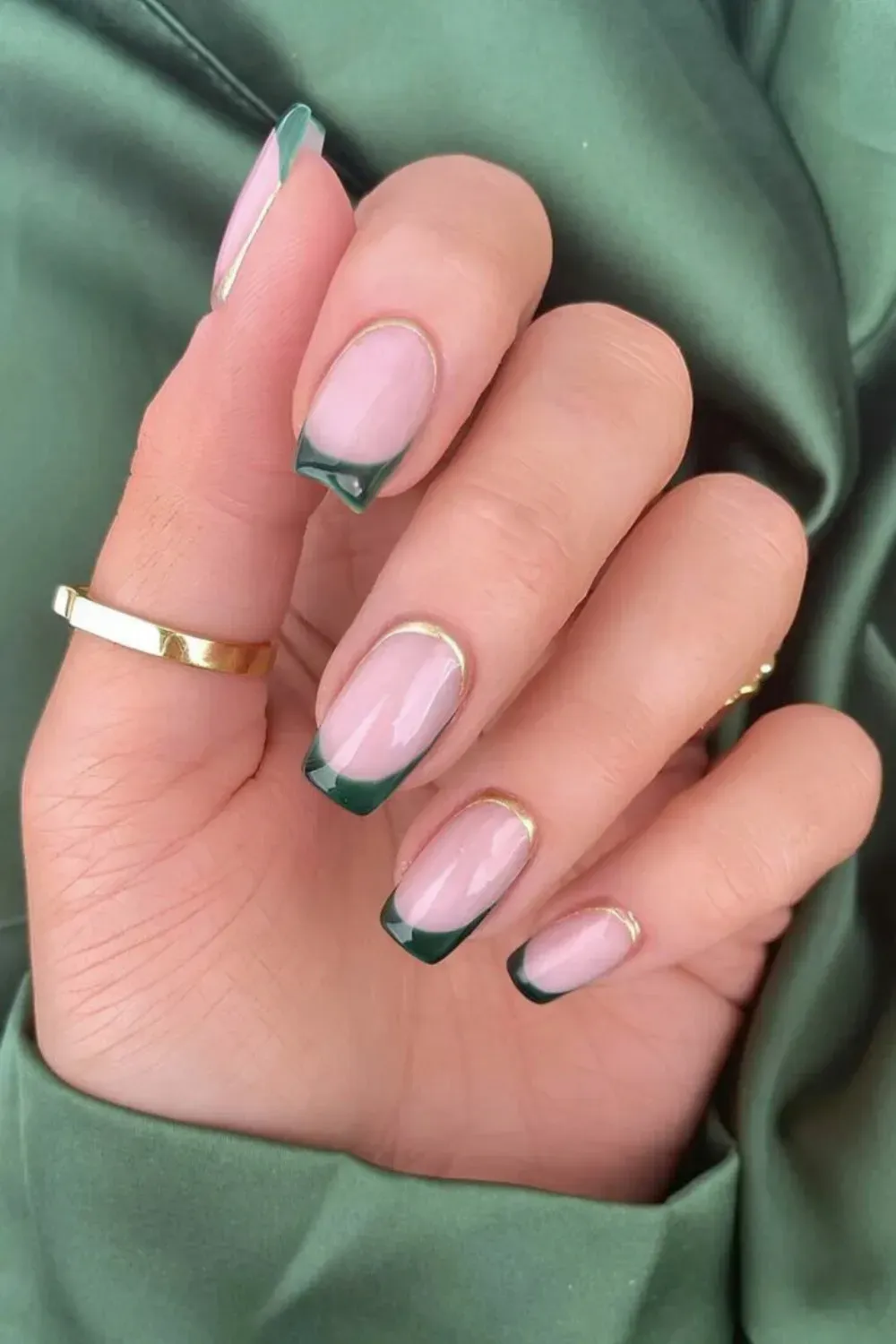 Emerald Green and Gold Border Square French Tips - Medium square French tips using a deep emerald green, outlined with a delicate metallic gold border.
