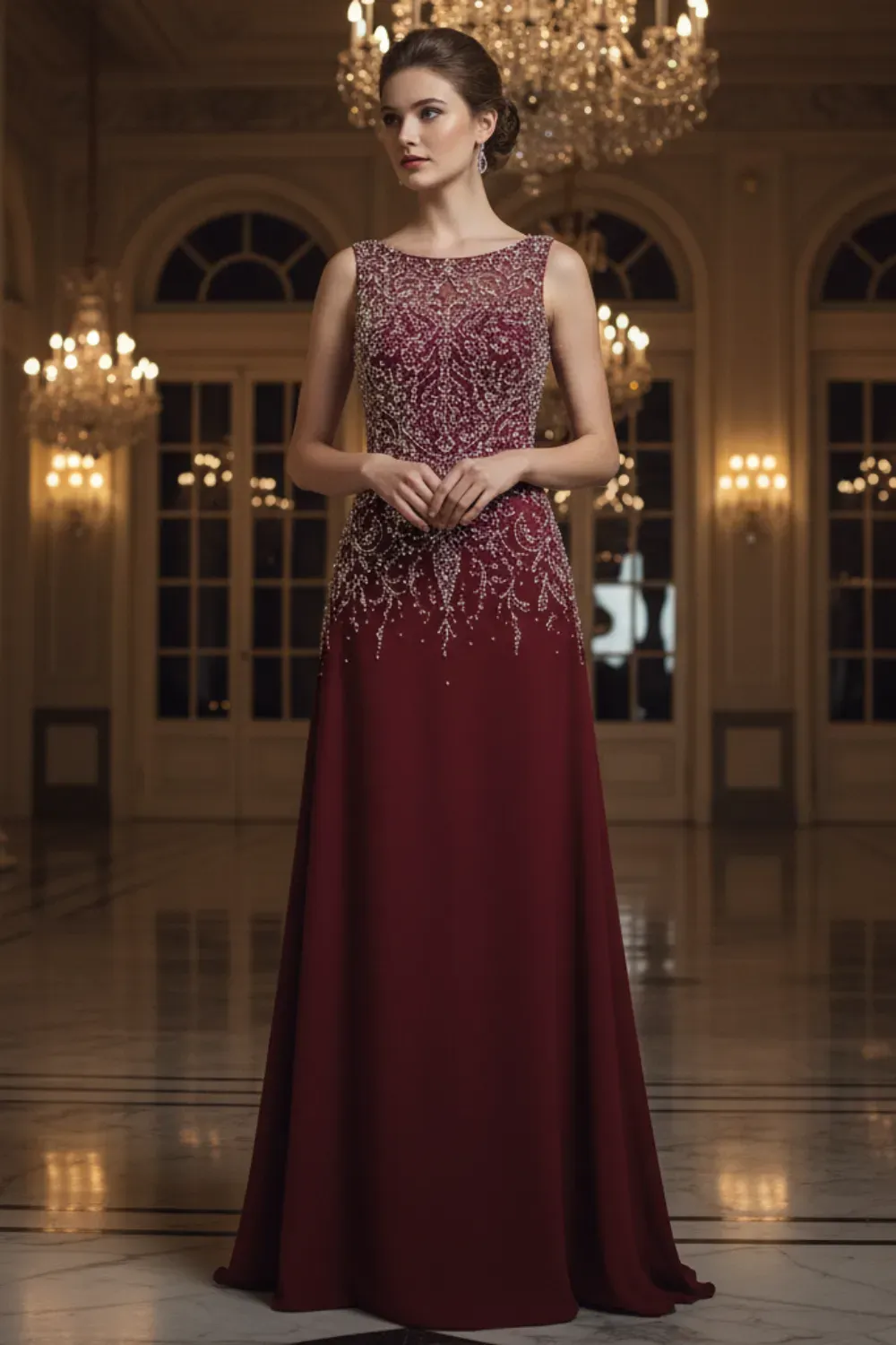 Red carpet sleeveless burgundy A-line gown with a heavily beaded bodice.
