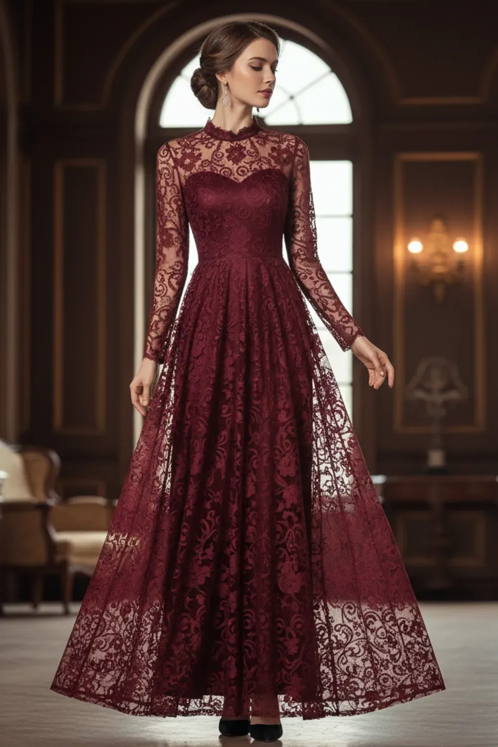 Bridal/Red carpet long-sleeve, high-neck burgundy lace gown with a full skirt.