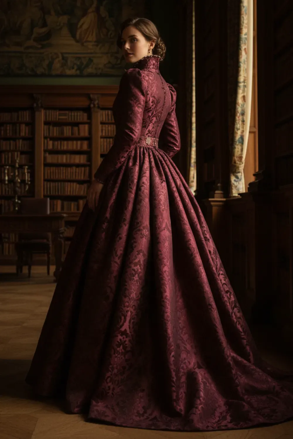 Bridal/Red Carpet/Formal: Regal, long-sleeve, high-neck burgundy brocade ball gown with a voluminous damask patterned skirt and train, posing in a luxurious library setting.