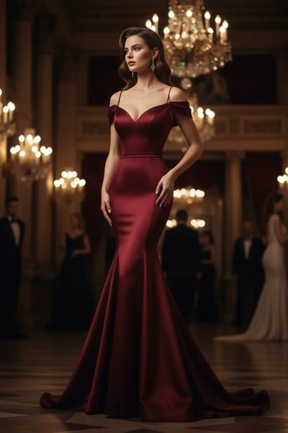 Red carpet off-the-shoulder sweetheart neckline burgundy satin mermaid gown.