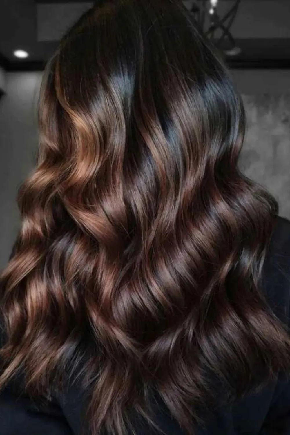Deep Chocolate Brown with Molten Caramel Sheen	Back view of deep chocolate brown hair with subtle, high-shine caramel highlights.