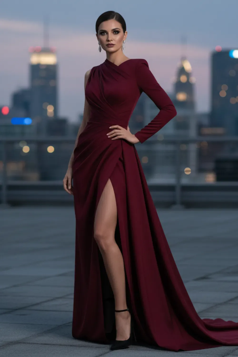 Red carpet one-shoulder burgundy gown with a long sleeve, high slit, and train.