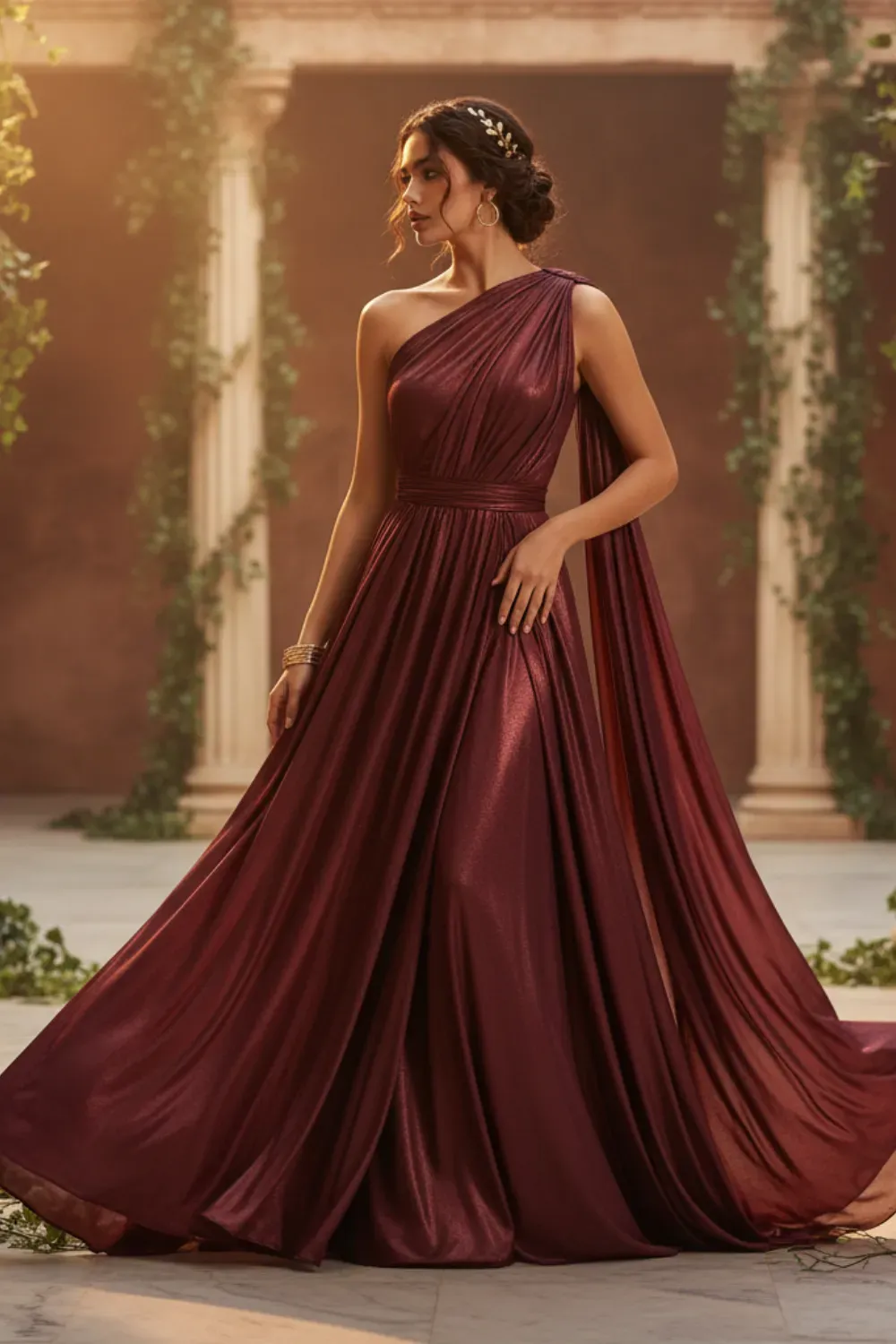 Red carpet one-shoulder shimmering burgundy pleated gown with flowing draping.