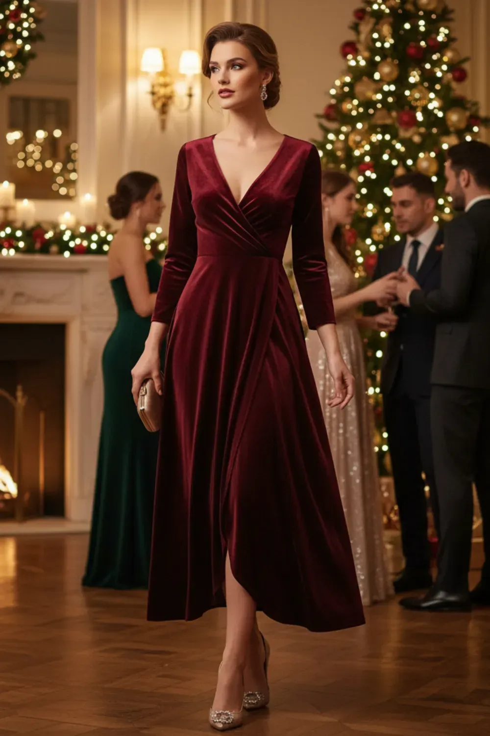 Party midi-length burgundy velvet wrap dress with V-neck and three-quarter sleeves.