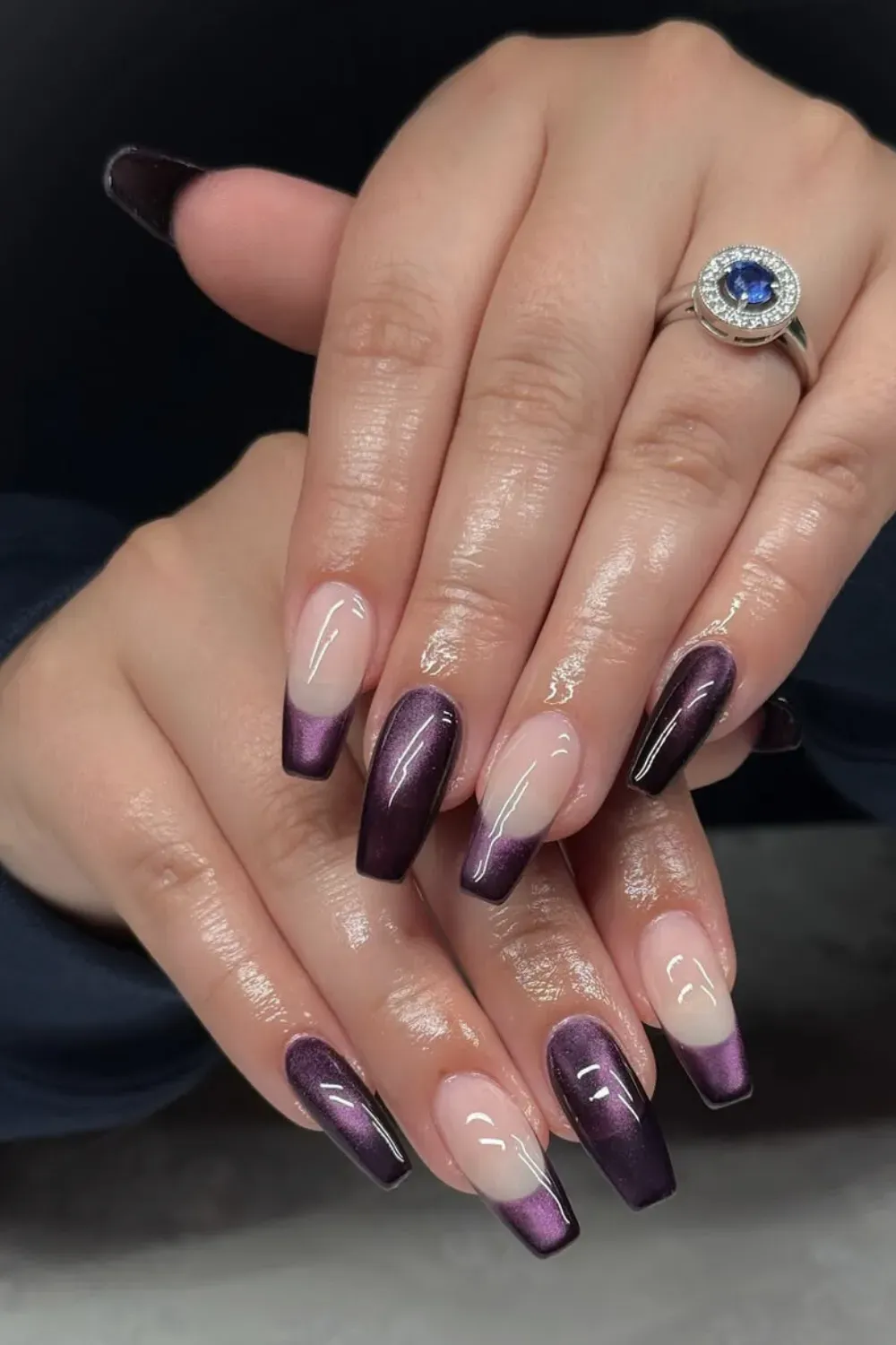 Magnetic Plum Coffin French: Long coffin nails featuring a mesmerizing magnetic plum French tip
