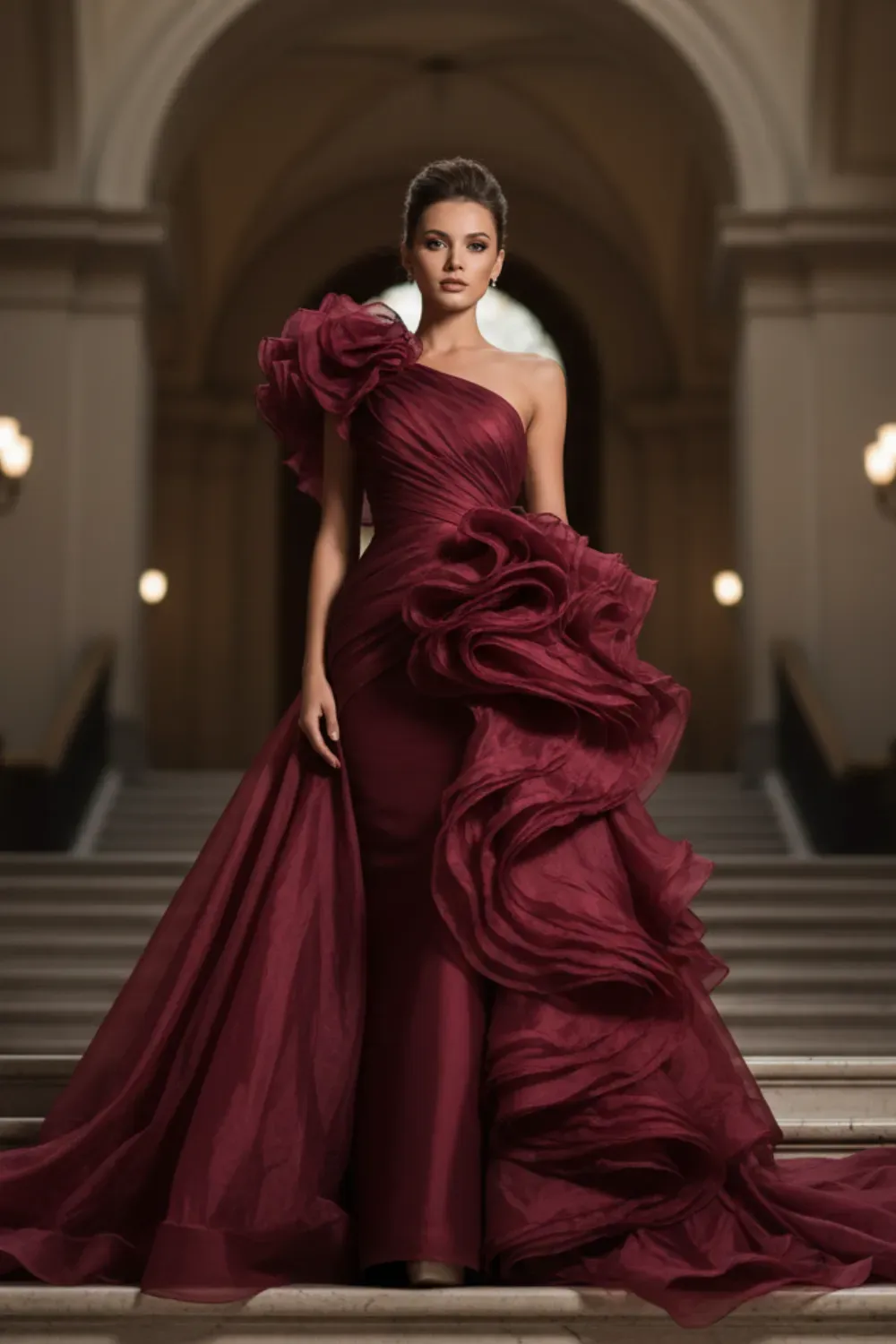 Red carpet one-shoulder burgundy ball gown with large cascading ruffles.