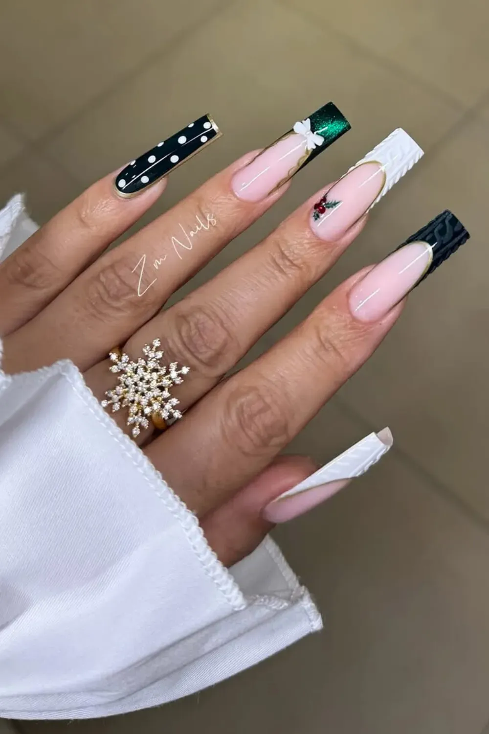 Green Polka Dot and Knit Coffin Nails - Long coffin nails with a mix of green polka dots, cable knit texture, and a bow.