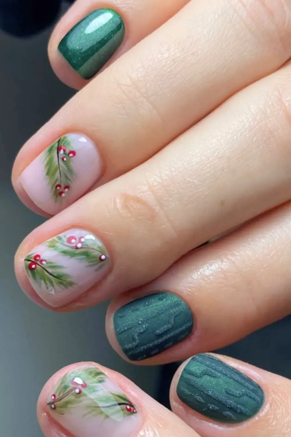 Matte Green Knit and Spruce Branch Square Nails - Short square nails with a matte green cable knit design and spruce branch art with berries