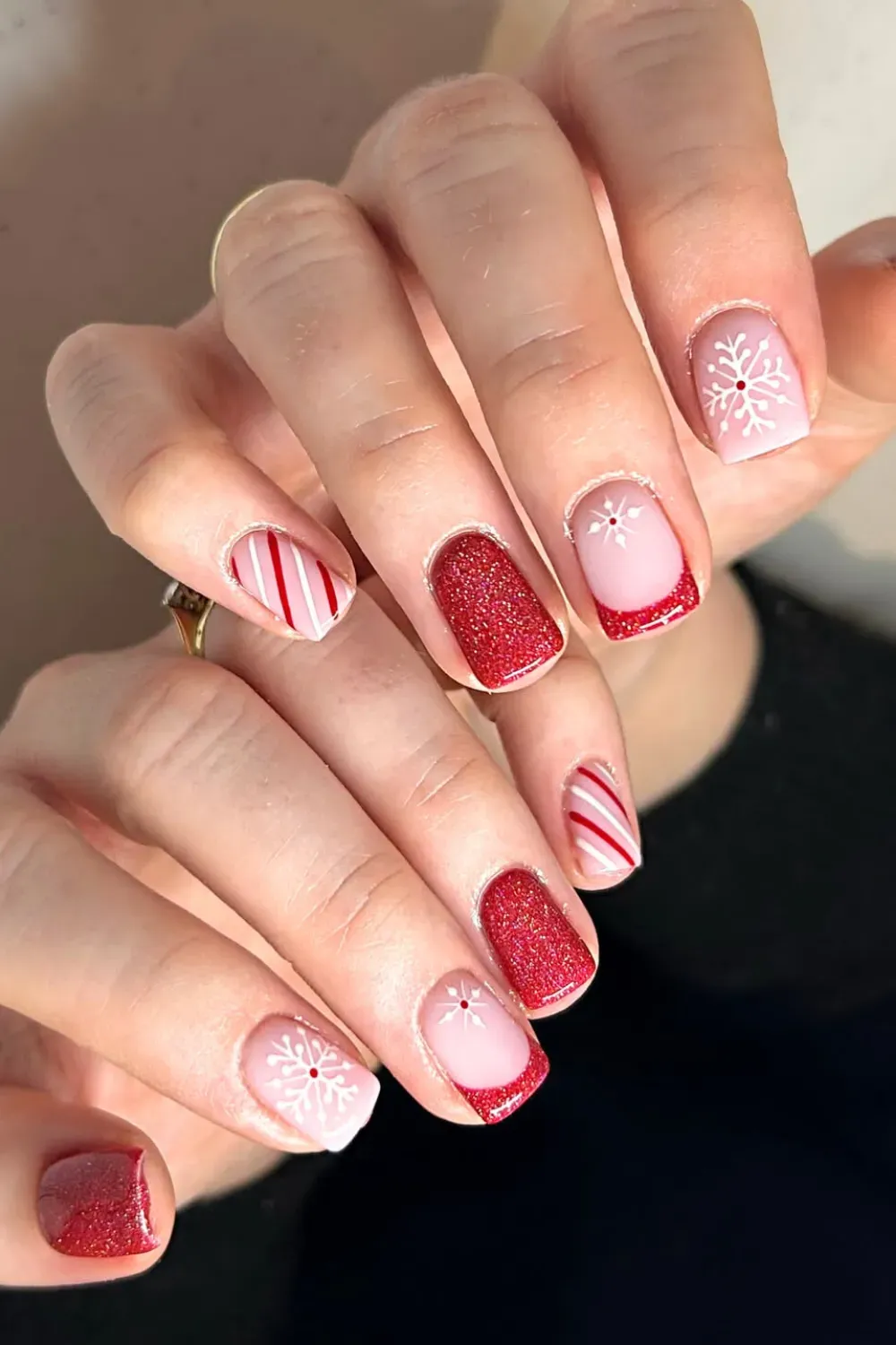 Red Glitter and Candy Cane Stripe Square Nails - Short square nails with a mix of full red glitter and red and white candy cane stripes