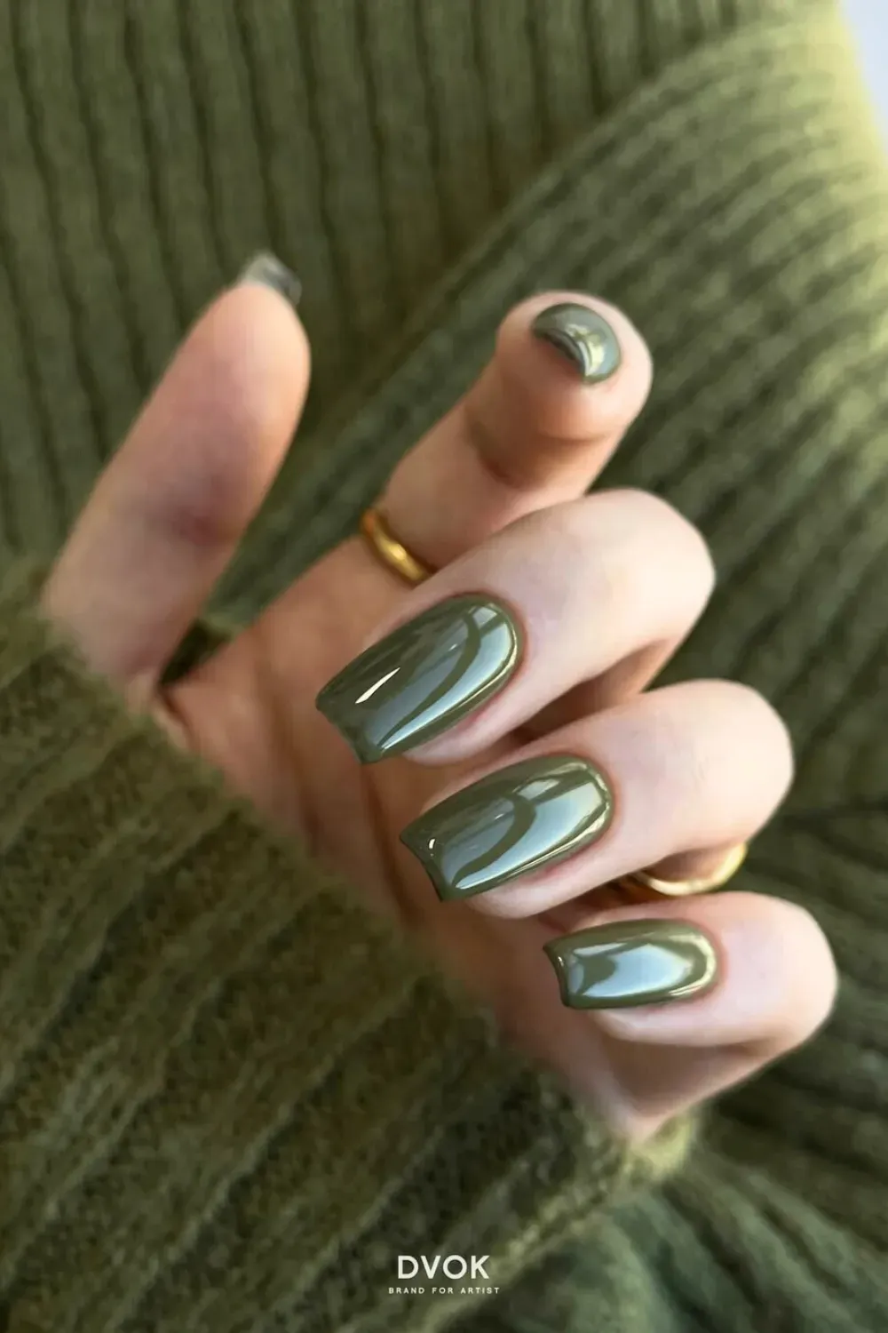 Monochromatic Glossy Olive Green Nails Medium, square-tapered nails fully covered in a solid, high-shine olive green (moss khaki) polish.