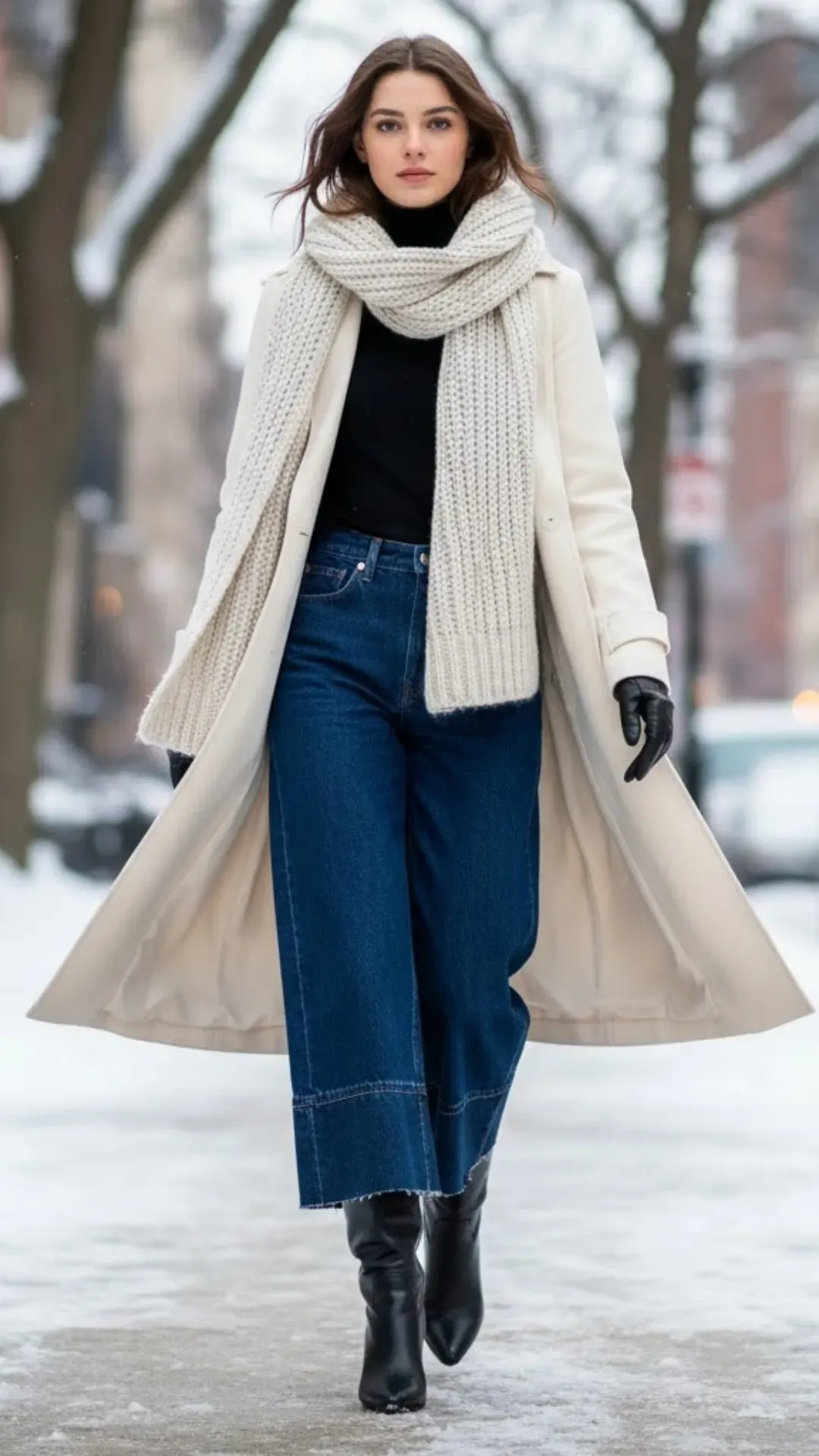 Winter Cuffed Jeans with Boots - Woman wearing wide-leg dark blue jeans with a large cuff paired with sleek black leather mid-calf boots and a cream wool coat on a snowy street
