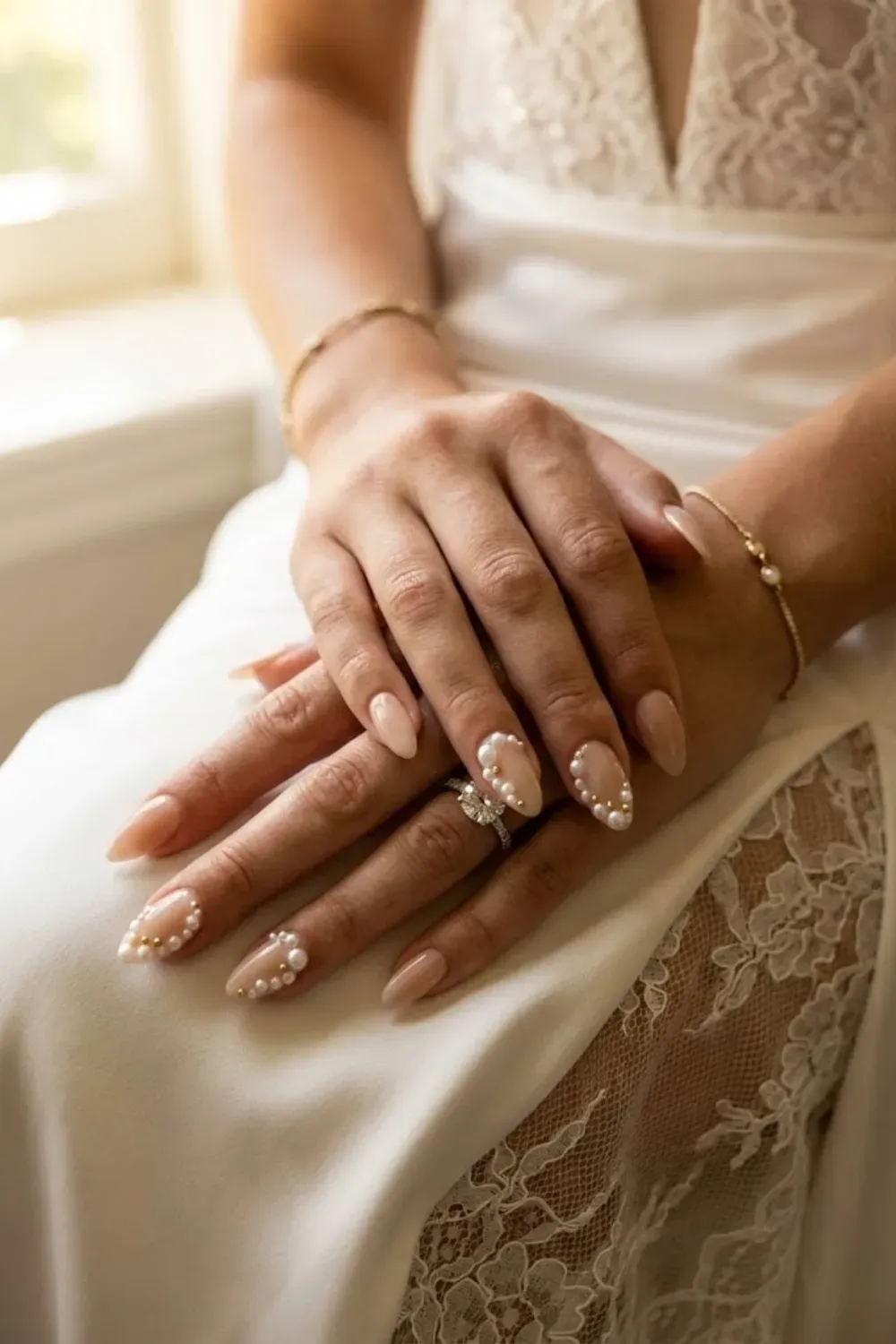 Delicate Pearl & Gold Micro-Dot - Hands holding white roses; almond nails with tiny floating pearls.