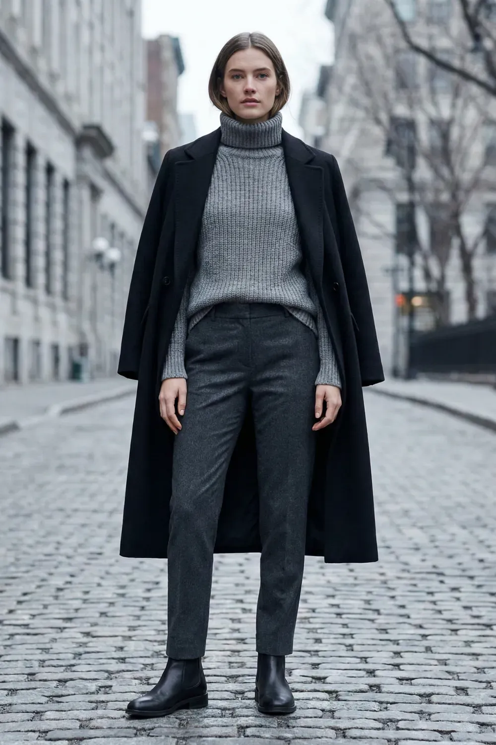 Full-body shot of a woman on a cobblestone street wearing a dark charcoal turtleneck sweater, matching wool trousers, black Chelsea boots, and a black structured overcoat.