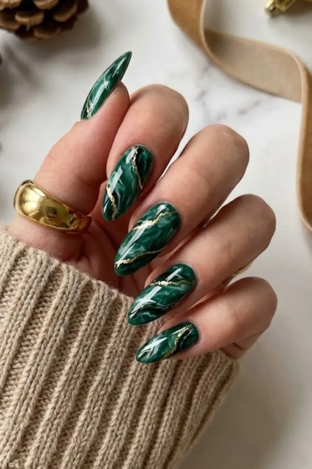Emerald Marble Gold Nails – dark emerald green marble effect nails with gold foil detailing