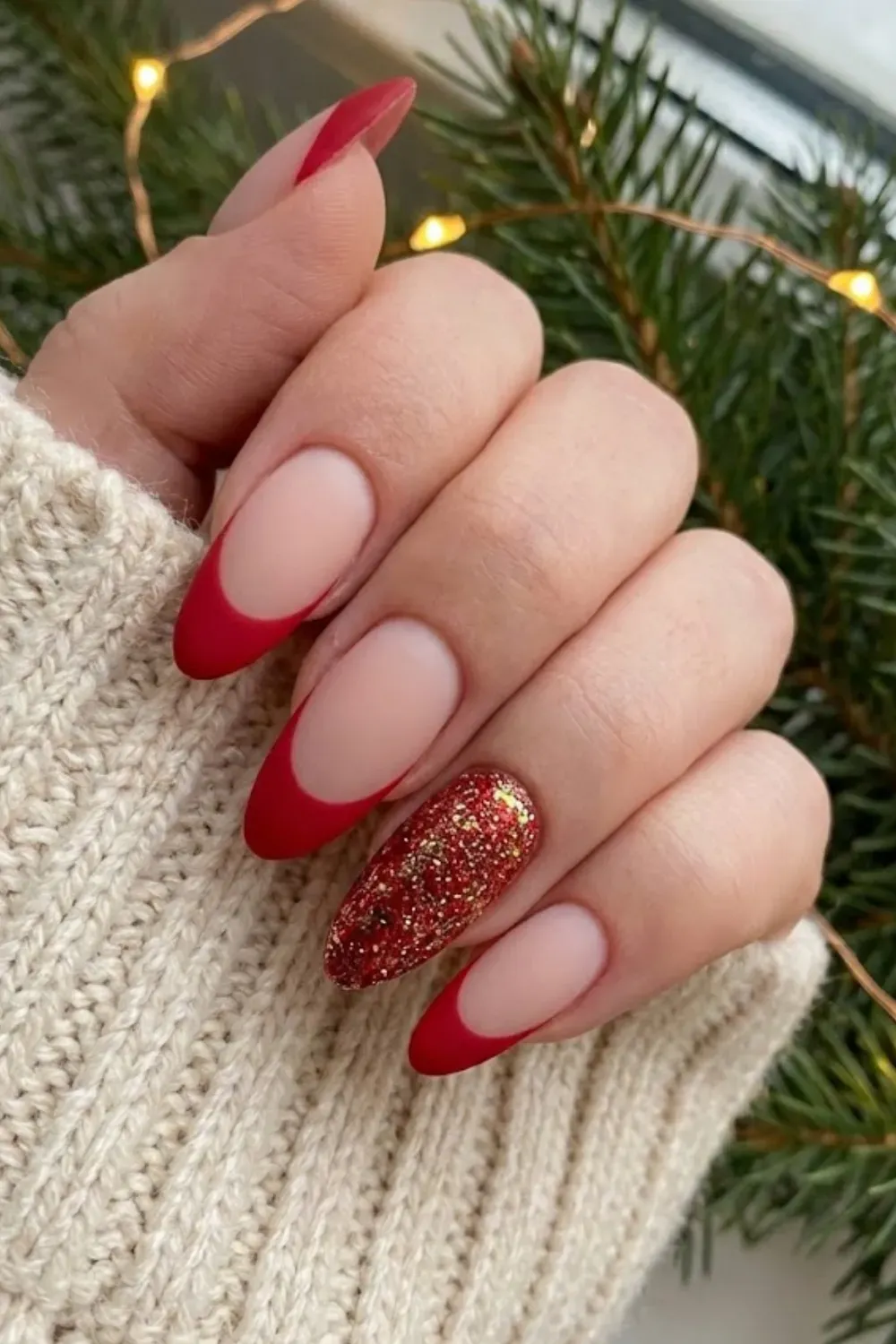 Matte Red French Nails — matte red French manicure with a full glitter accent nail for Christmas.