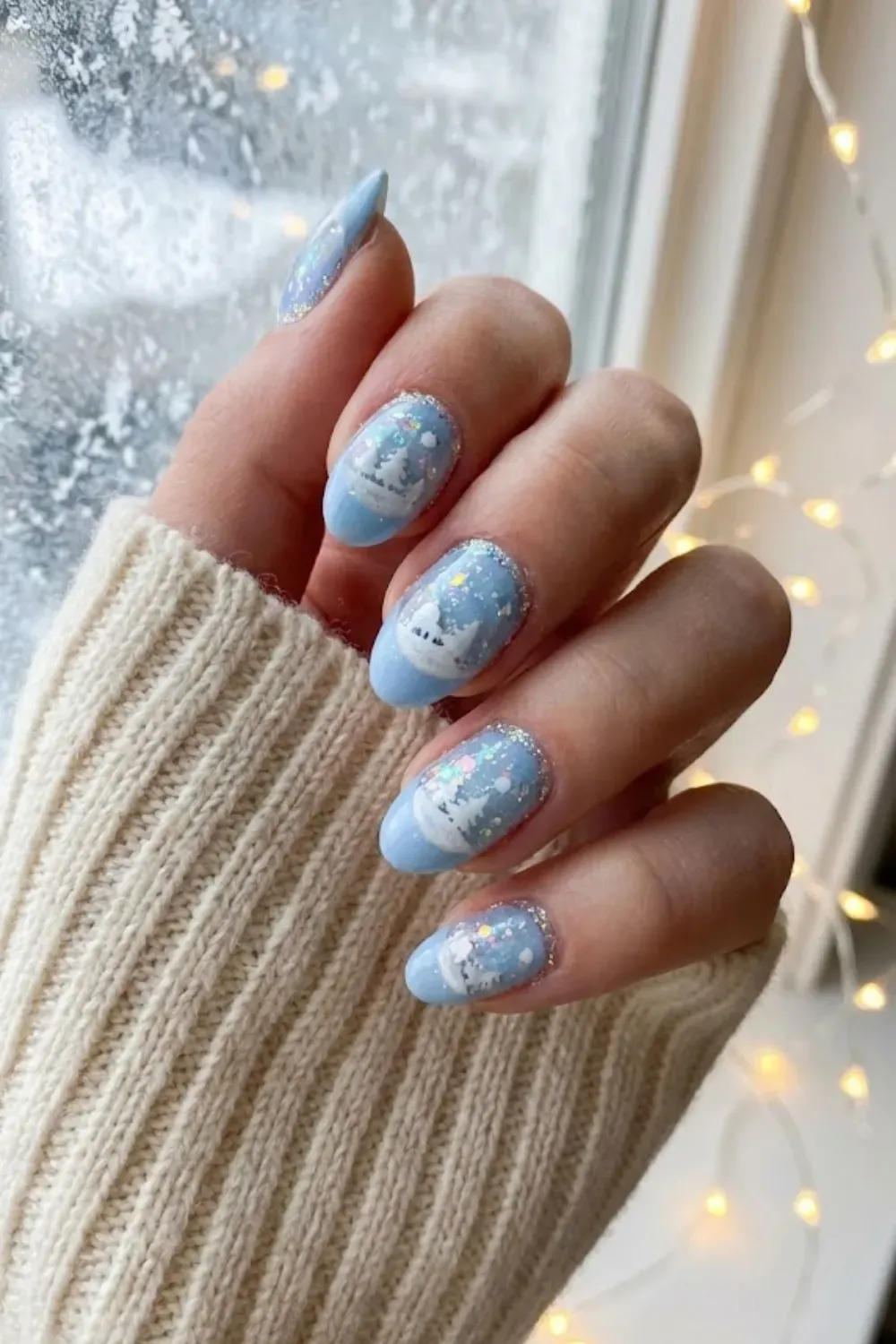 Powder Blue Snow Globe Nails - oval powder blue nails with 3D snow globe art and glitter