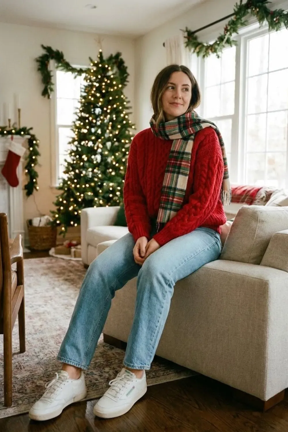 Woman sitting on sofa wearing red cable knit sweater, plaid scarf, and blue jeans for cozy Christmas outfit
