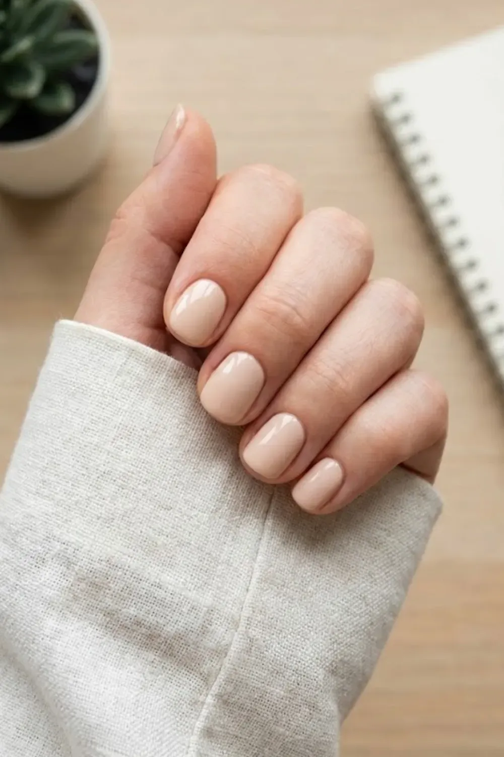 Short Beige Squoval Manicure – Short squoval nails painted in a creamy beige nude polish, styled with a cozy white linen sleeve.