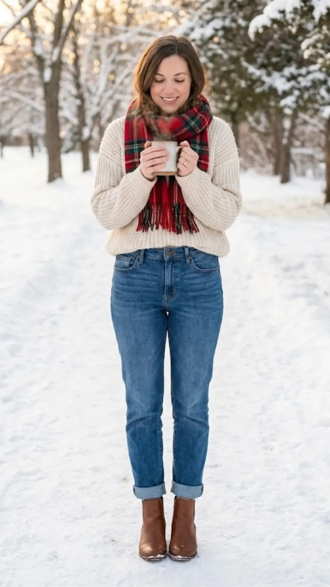 Cozy Winter Sweater and Jeans - Woman wearing a chunky knit sweater and cuffed jeans holding hot chocolate near a snowy park path