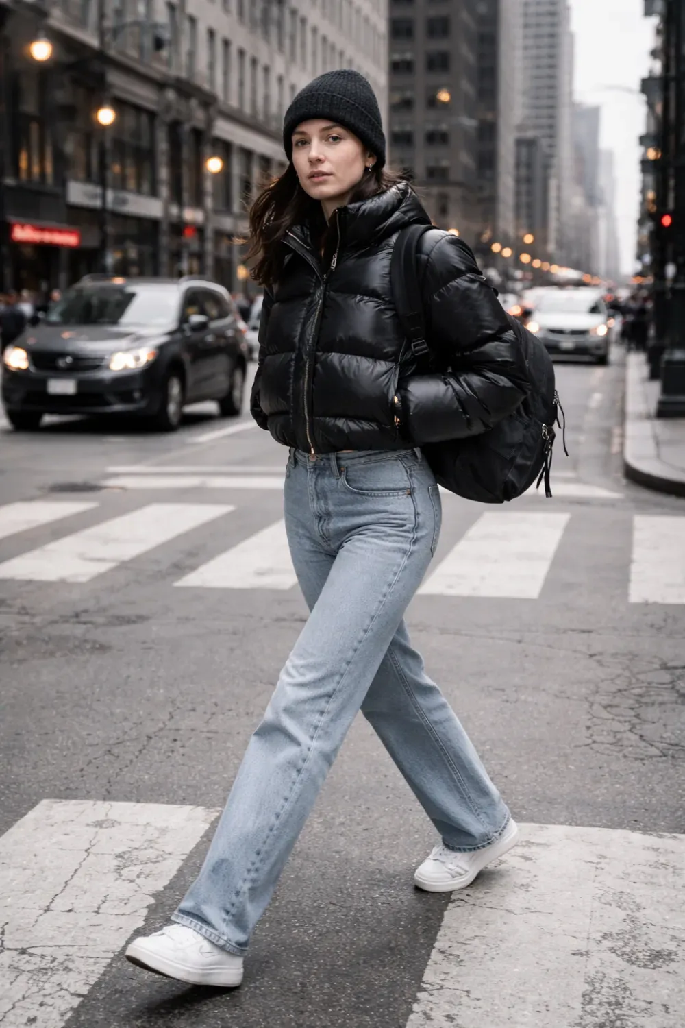 Black Puffer Jacket & Beanie - Urban winter outfit with a shiny black puffer jacket, black beanie, light wash jeans, and white sneakers.