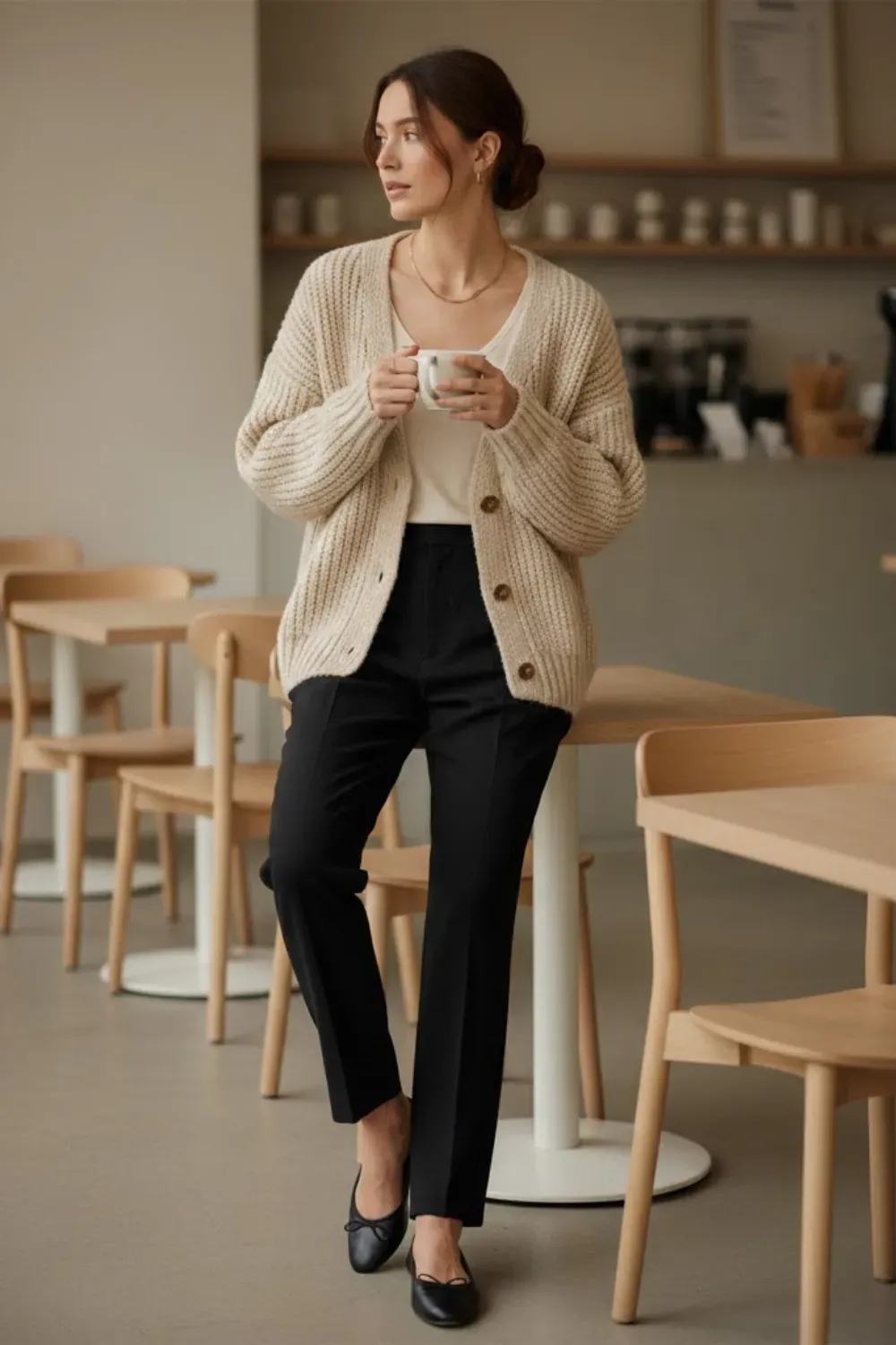 Chunky Beige Cardigan & Black Trousers – Woman leaning on a cafe table holding a cup, wearing a chunky beige knit cardigan buttoned over a white top and black tailored trousers with ballet flats.