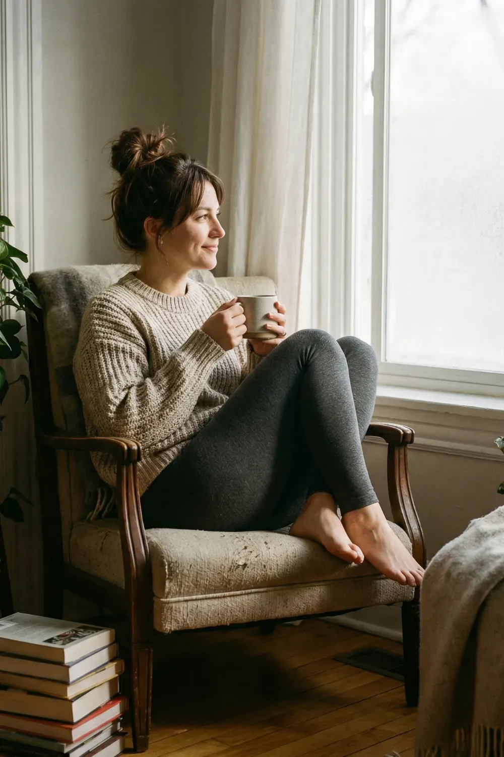 Indoor lifestyle shot of a woman sitting in an armchair by a window, wearing a chunky oatmeal knit sweater and dark grey leggings holding a ceramic mug.