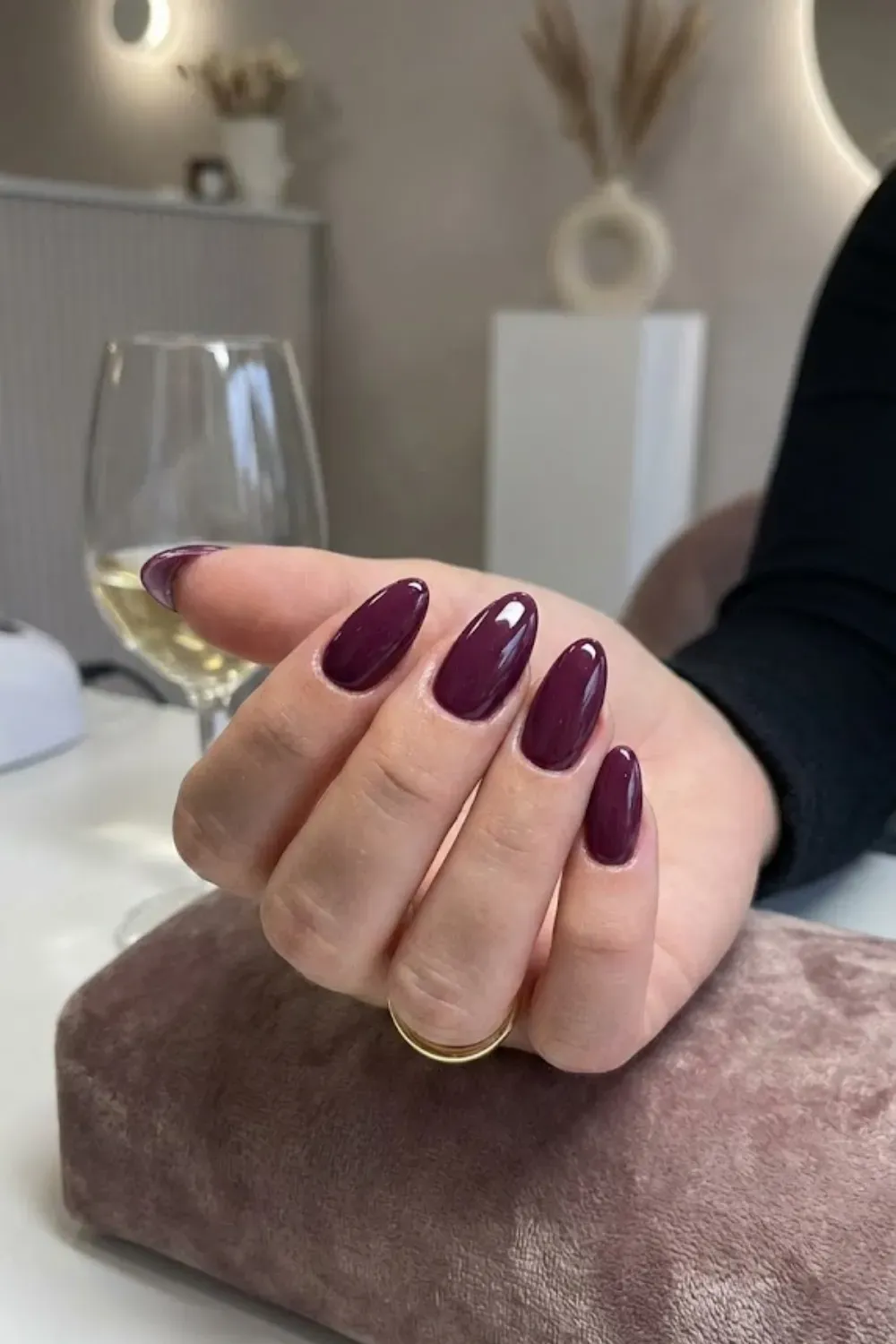 Deep Plum Wine – Dark red purple wine gel nails almond shape luxury