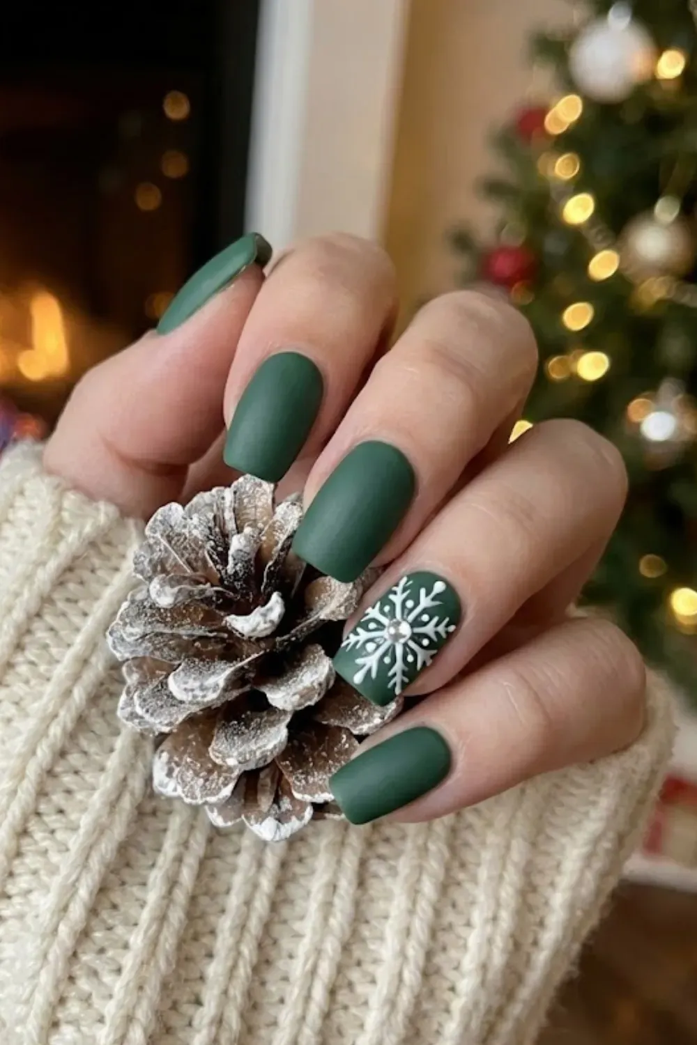 Matte Green Snowflake Nails – square matte forest green nails with white snowflake art and rhinestone