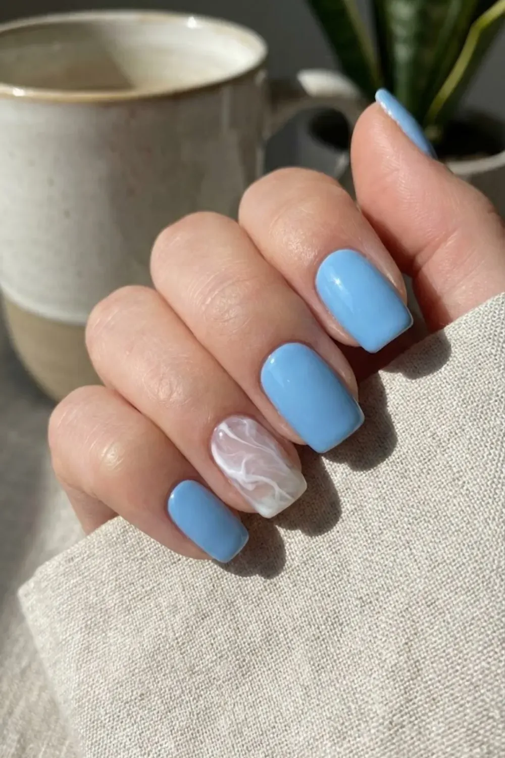 Sky Blue Marble Quartz - square bright sky blue nails with white and clear marble accent nail