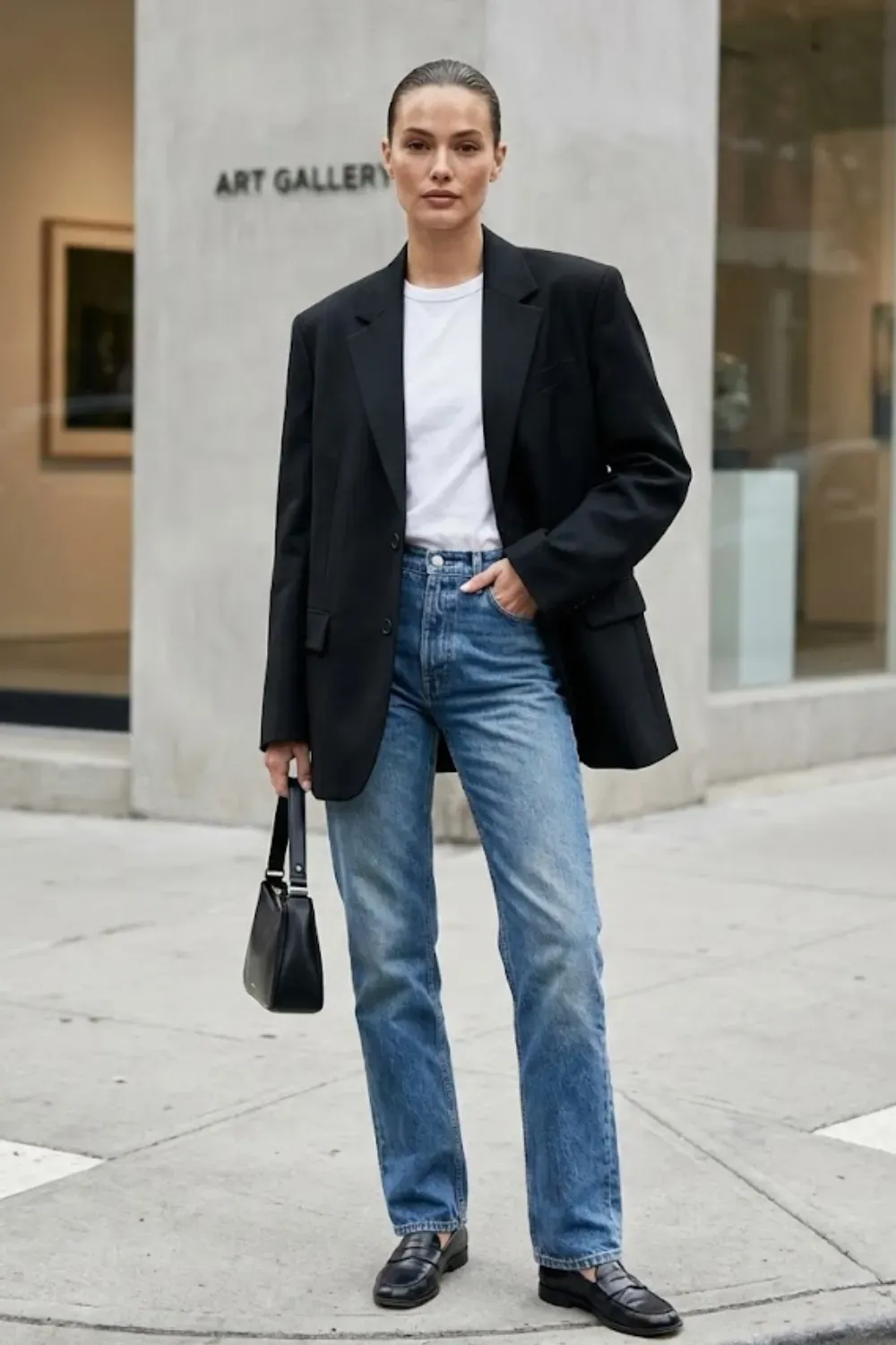 Boxy black blazer worn over white tee and 90s straight-leg jeans clean girl fashion.