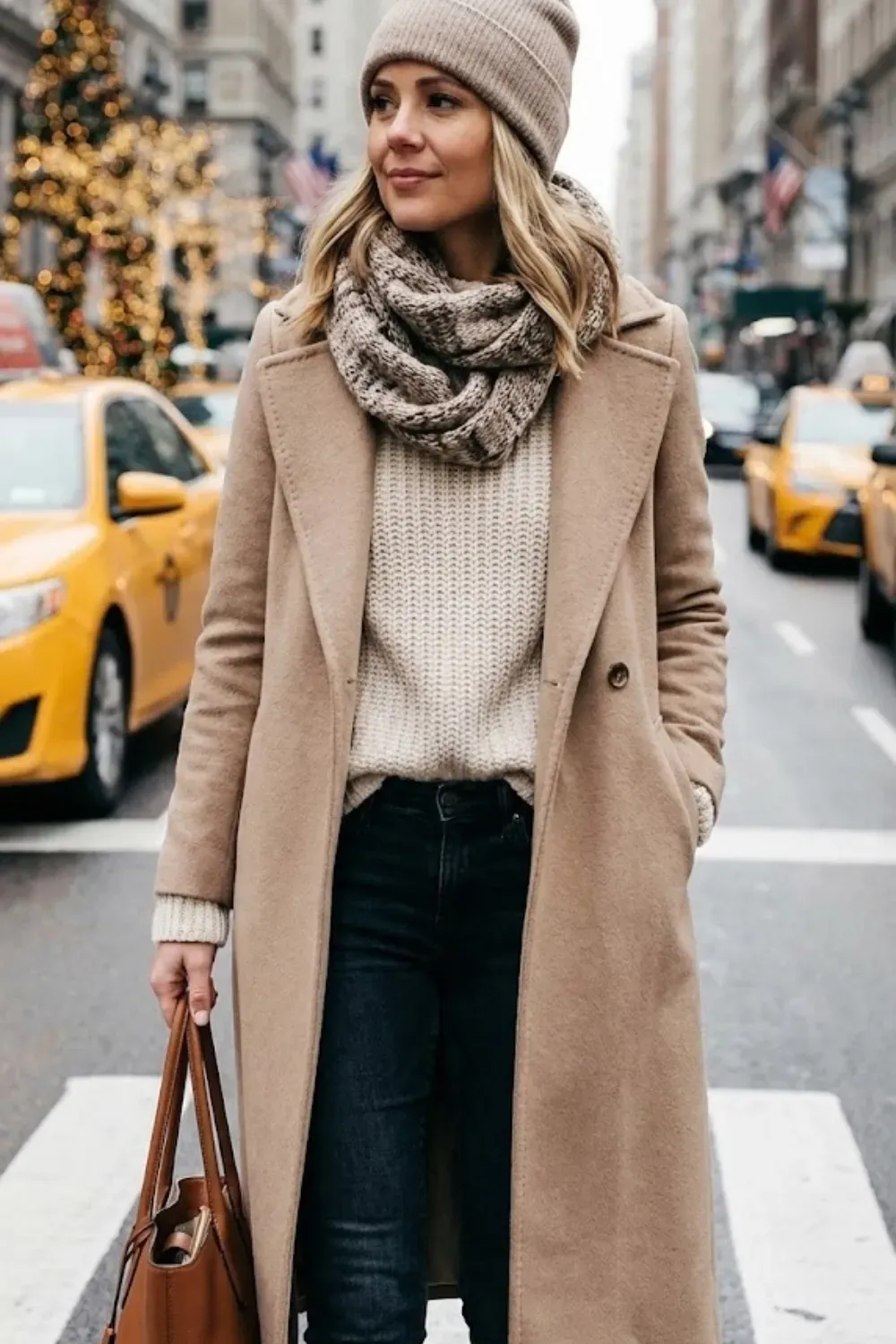 Winter Layers: Camel Coat & Scarf – Outdoor winter outfit with a camel coat, chunky knit scarf, beanie, and jeans.