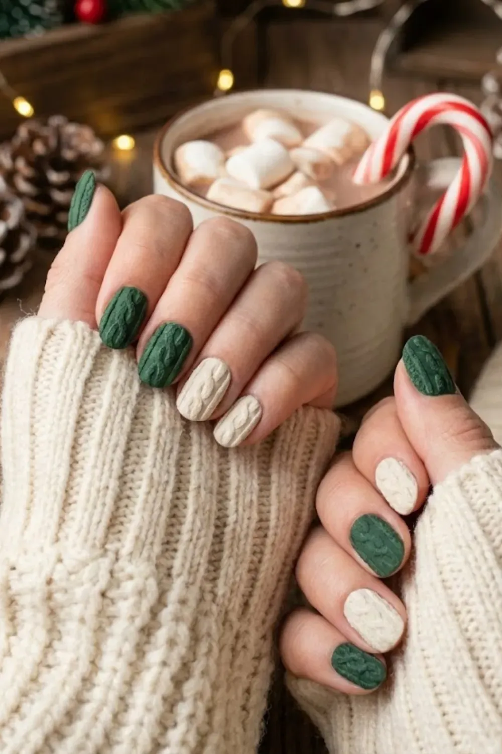 Sweater Knit Nails – textured cable knit nail art in green and cream polish