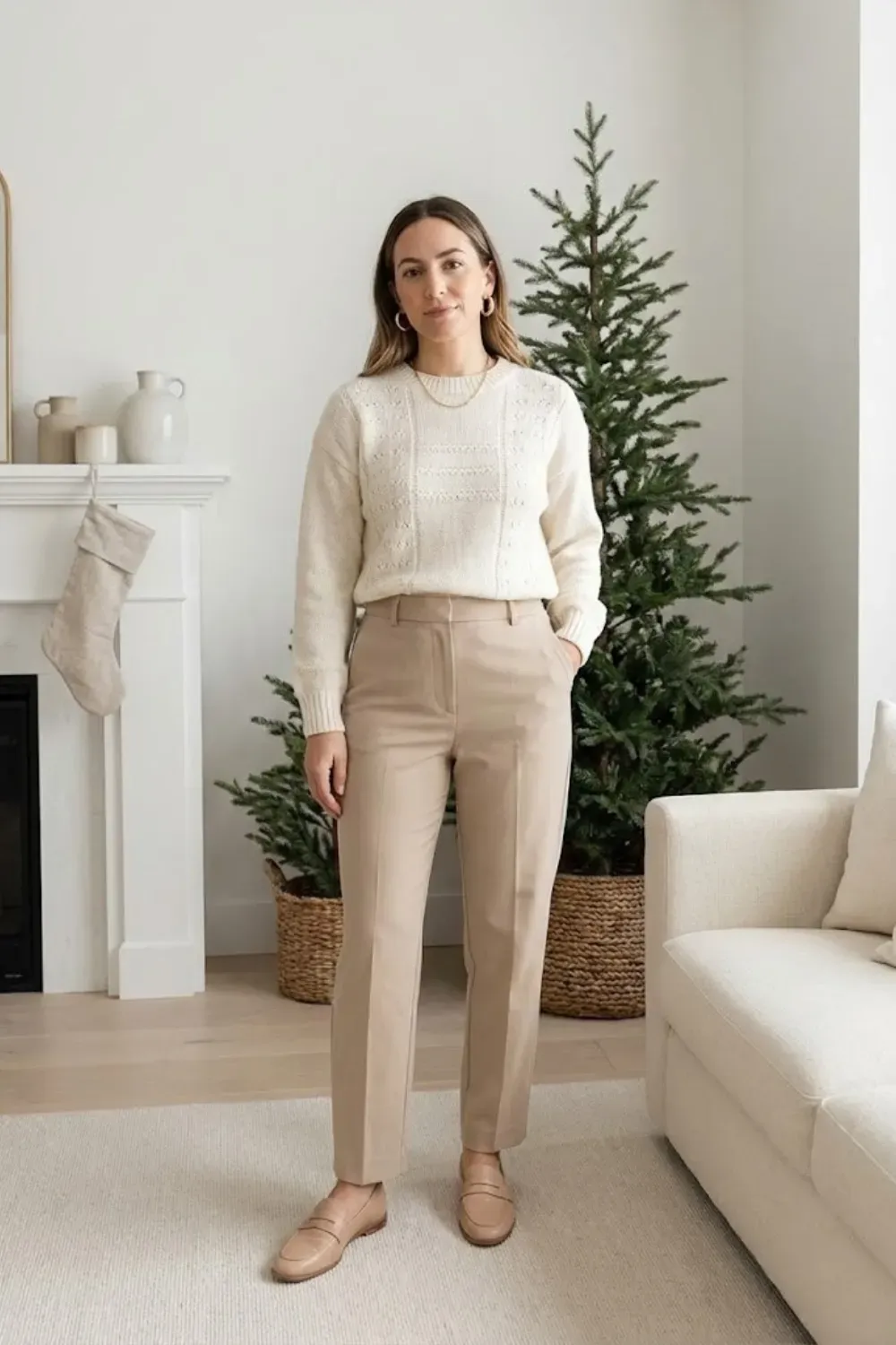 Woman standing in living room wearing cream textured knit sweater and beige tailored trousers