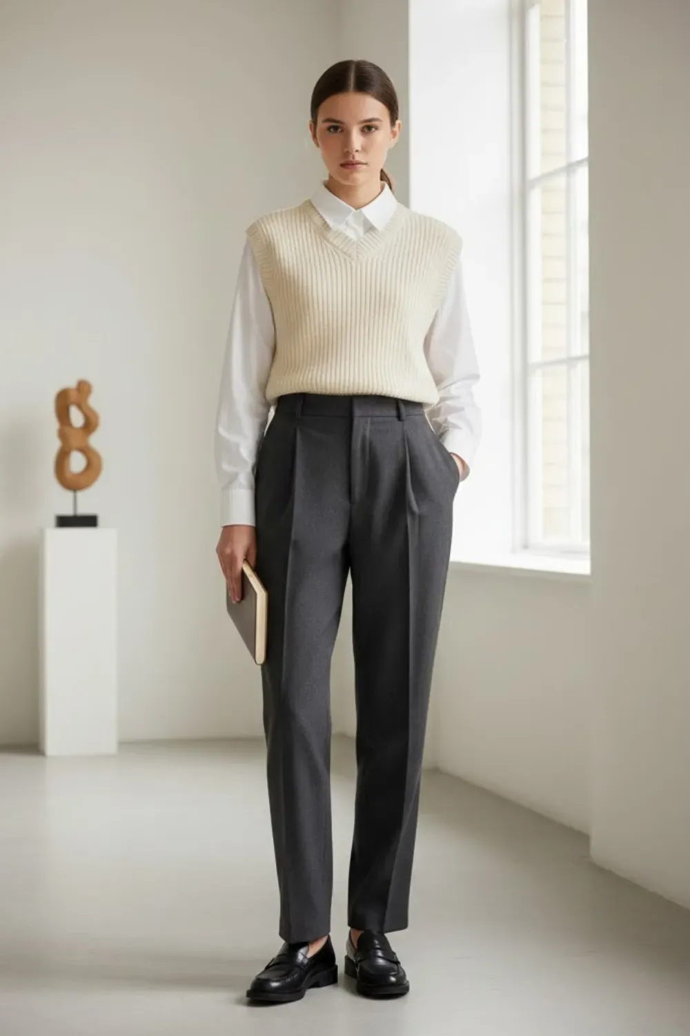 Preppy Sweater Vest & Grey Trousers – Studio full-body shot of a model wearing a cream ribbed knit sweater vest layered over a white shirt, paired with dark grey pleated wool trousers and loafers.