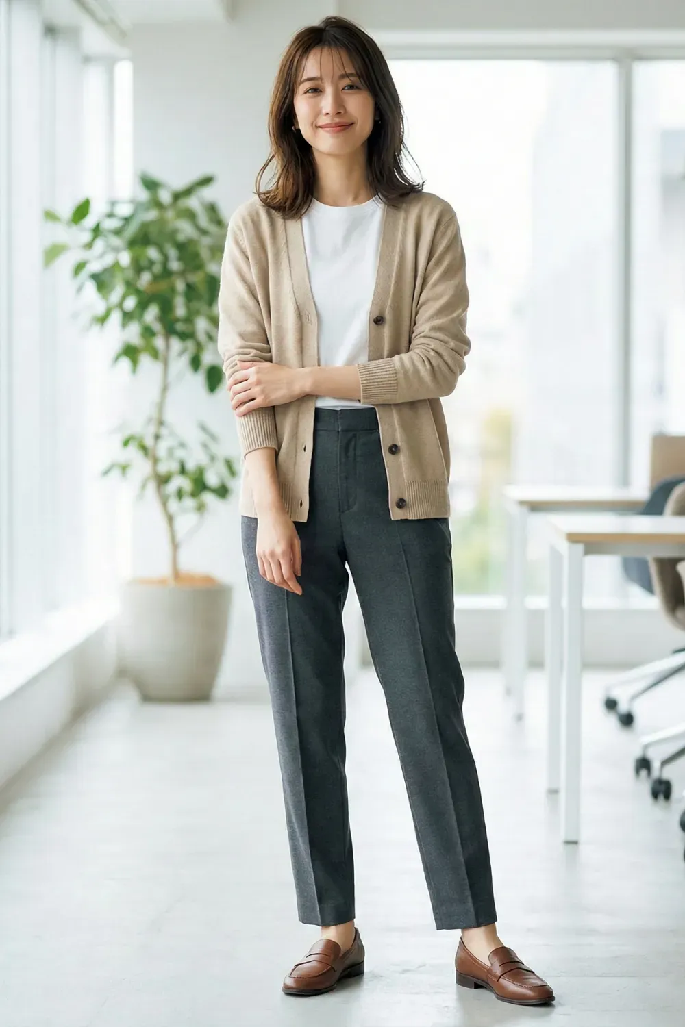 Woman standing in a modern office wearing a beige button-down cardigan over a white t-shirt, dark grey tailored trousers, and brown leather loafers.
