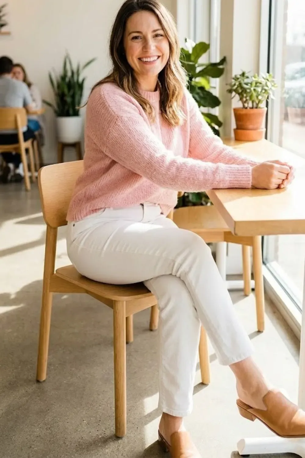 Soft Pink Knit & White Denim - Woman wearing a soft pink crewneck sweater and white straight-leg jeans with tan mules sitting at a cafe table.