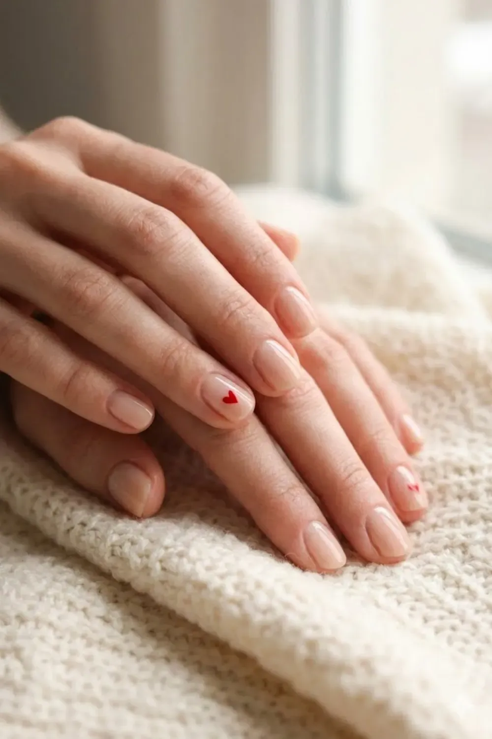 minimal-red-heart-nail-art - Minimal manicure with tiny red heart on a nude nail, soft romantic aesthetic.