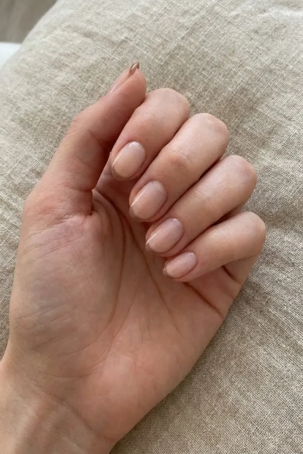 Brown Micro French – Short squoval sheer nude nails with a delicate dark brown micro french tip.