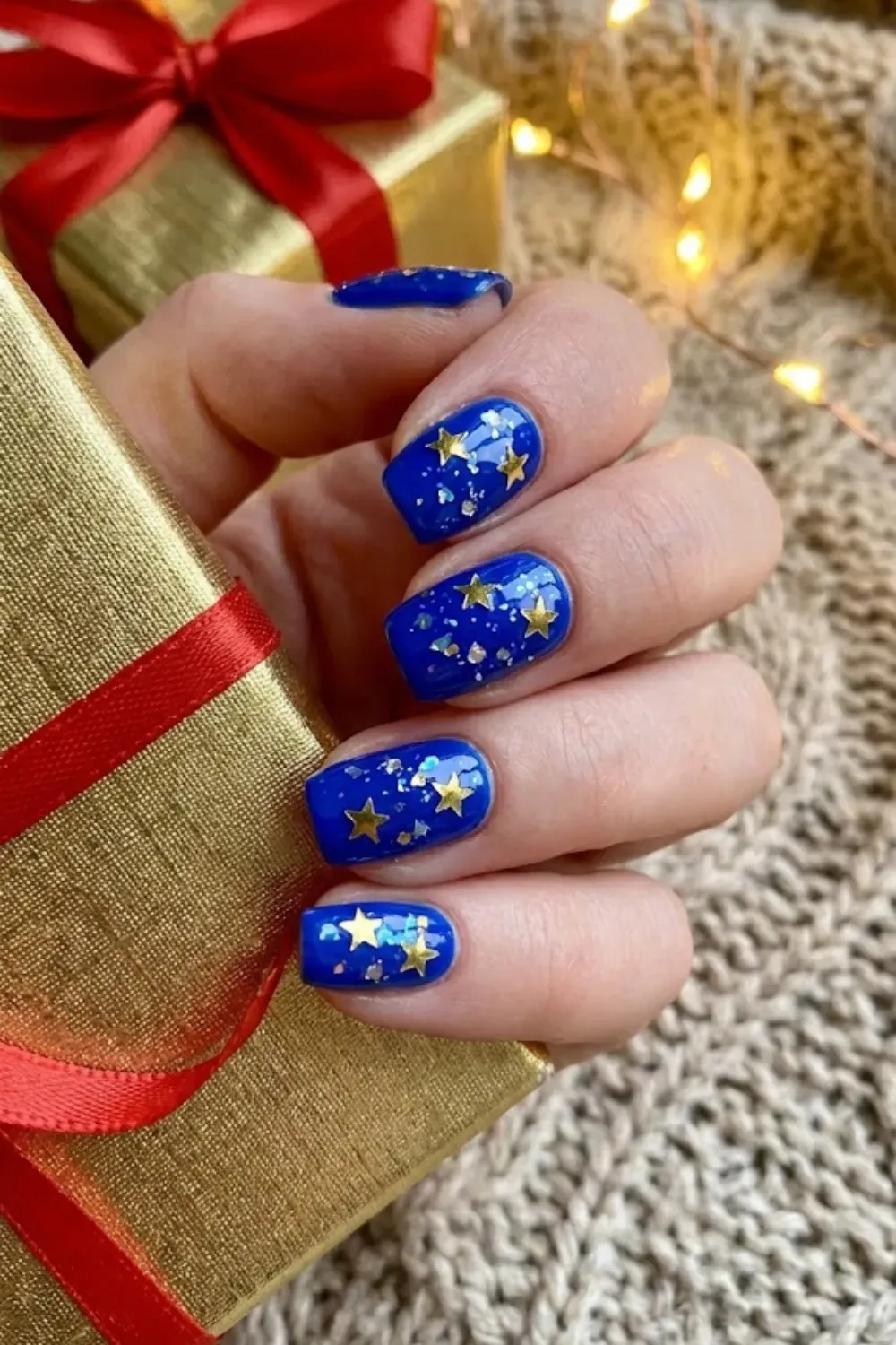 Cobalt Blue and Gold Starry Night - square vibrant cobalt blue nails with gold star decals and shimmer