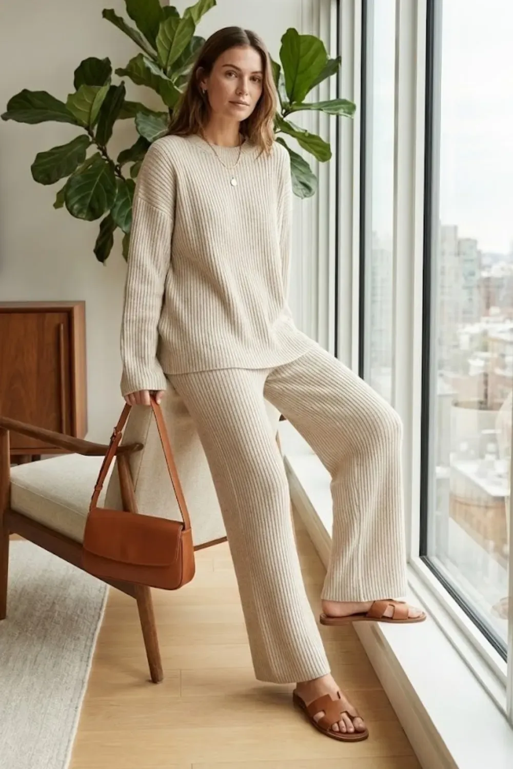Cozy Beige Ribbed Lounge Set – Woman posing by a large window wearing a comfortable matching beige ribbed knit lounge set featuring a long-sleeve top and wide-leg pants with brown sandals.