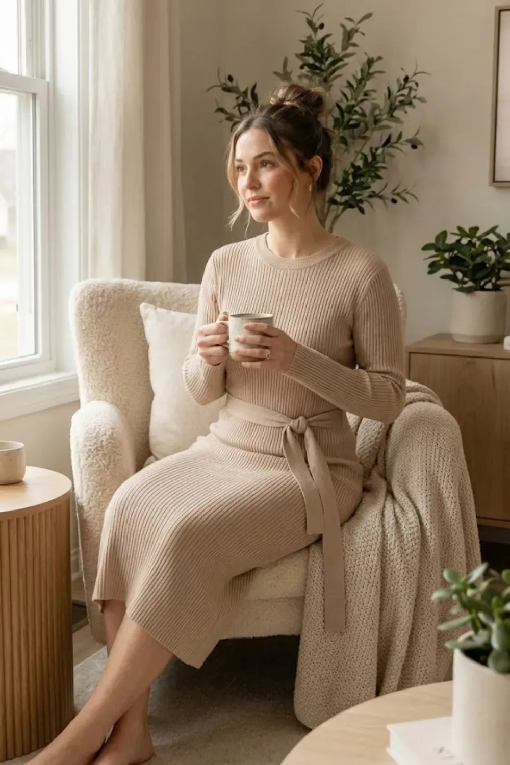Ribbed Knit Midi Dress – Woman wearing a beige long-sleeve ribbed knit midi dress with a tie waist holding a mug.