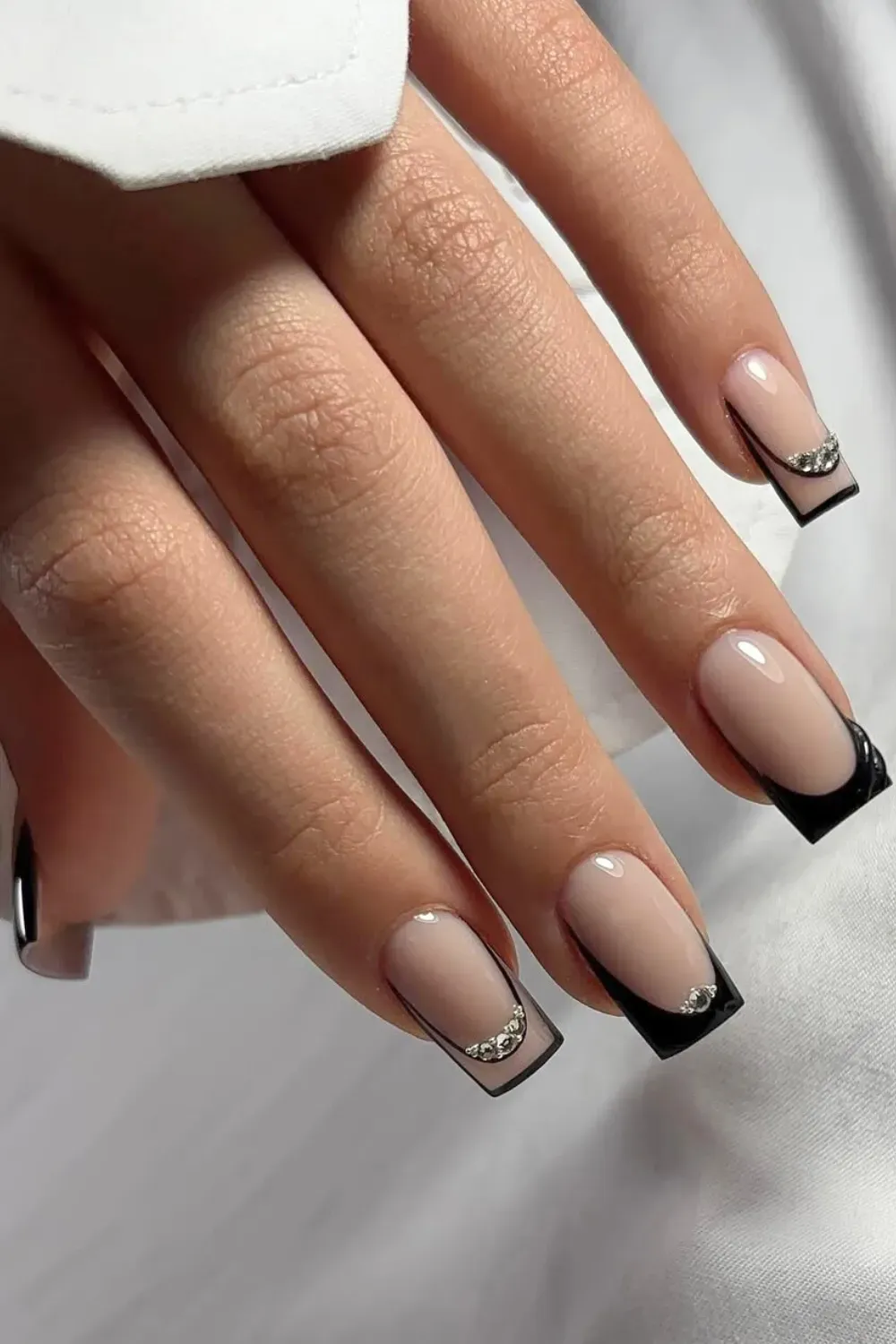 Glitter Cuff Black French	Long square nails with black french tip and silver glitter line