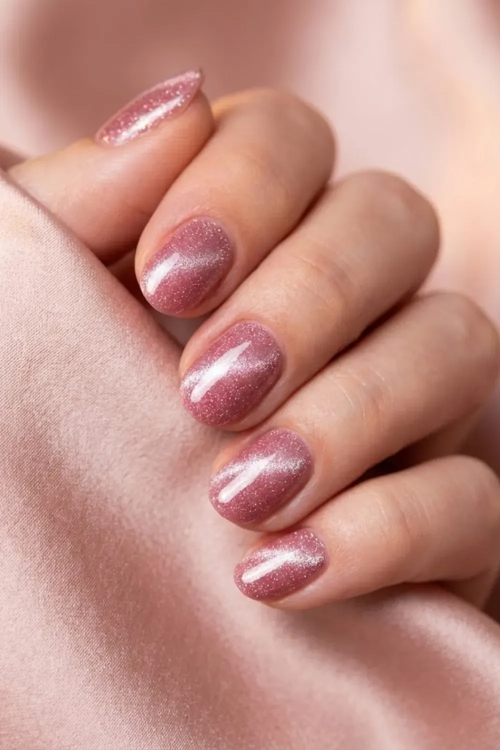 Rose pink glitter cat eye nails with soft feminine sparkle