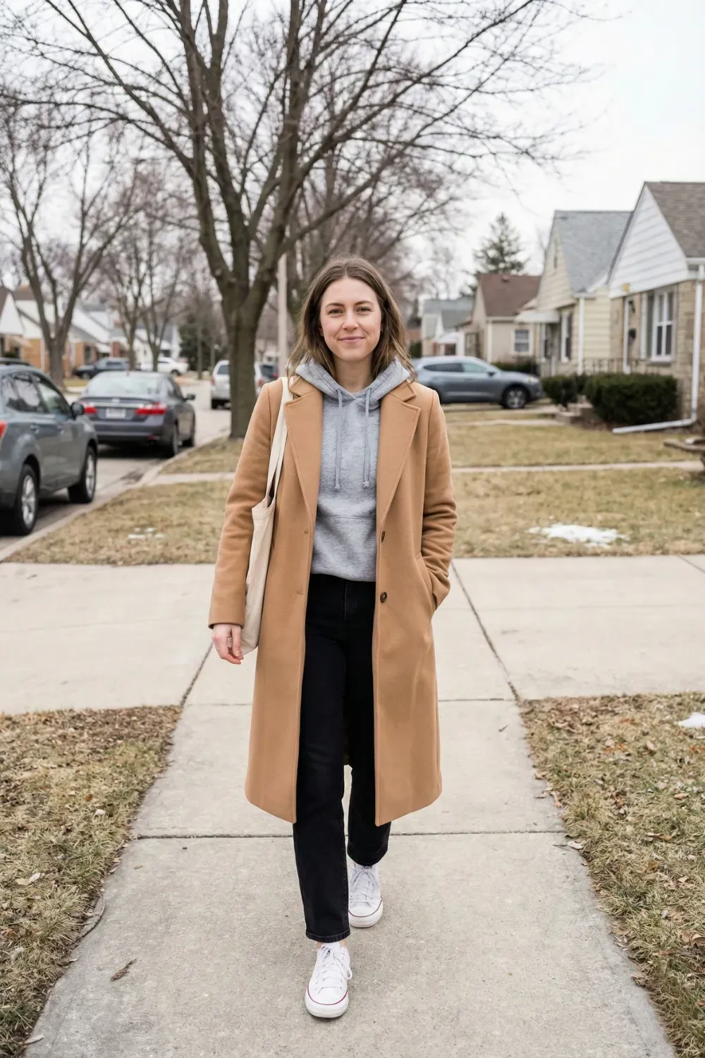 Street style shot of a woman walking wearing a grey hoodie layered under a camel trench coat, black straight-leg jeans, and white canvas sneakers.