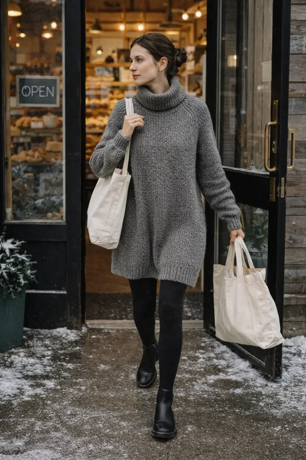 Grey Sweater Dress & Chelsea Boots - Oversized grey knit sweater dress paired with black tights, black Chelsea boots, and canvas tote bags.