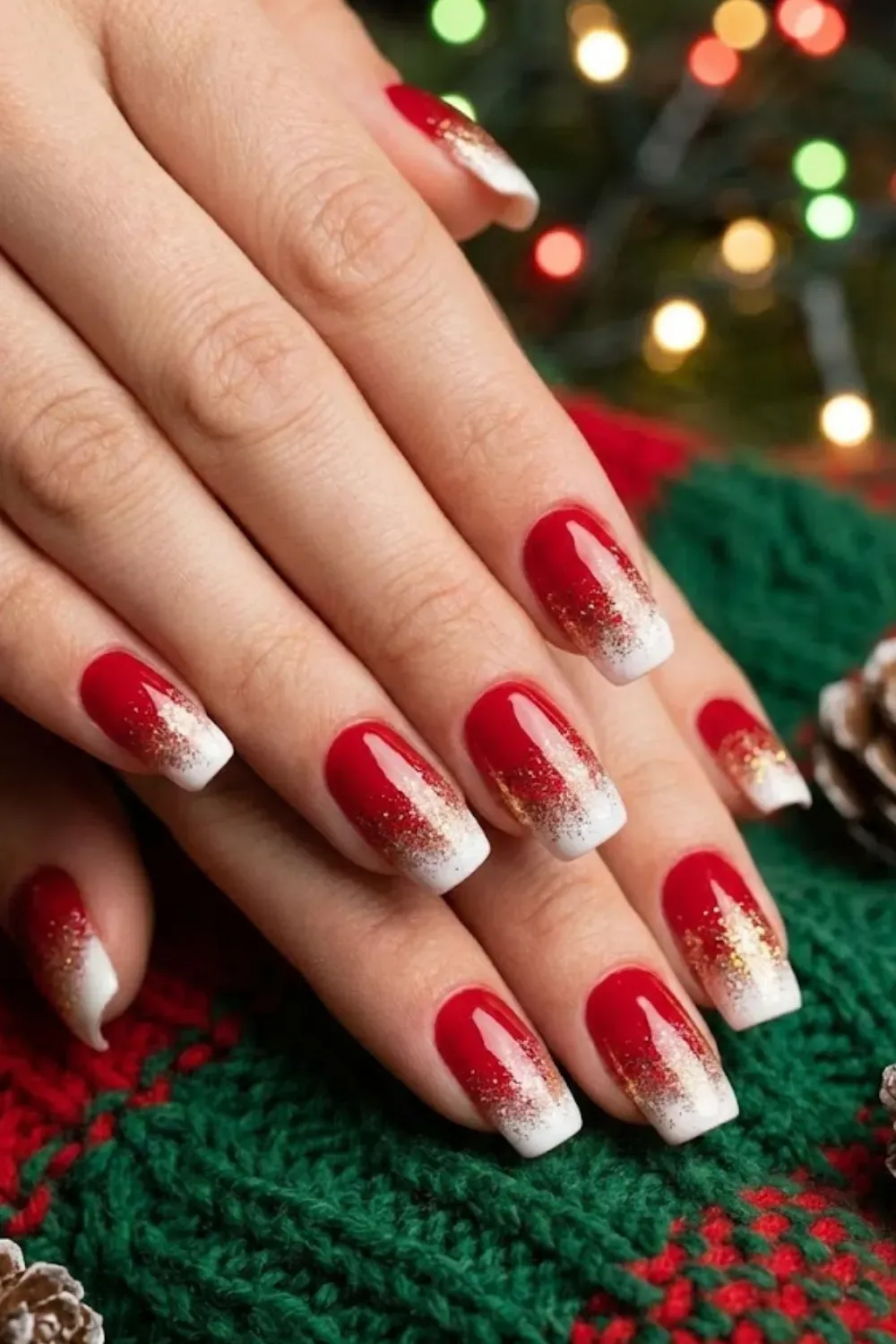 Red Glitter Ombre French — square nails with a bold red glitter gradient tip fading into a white line.