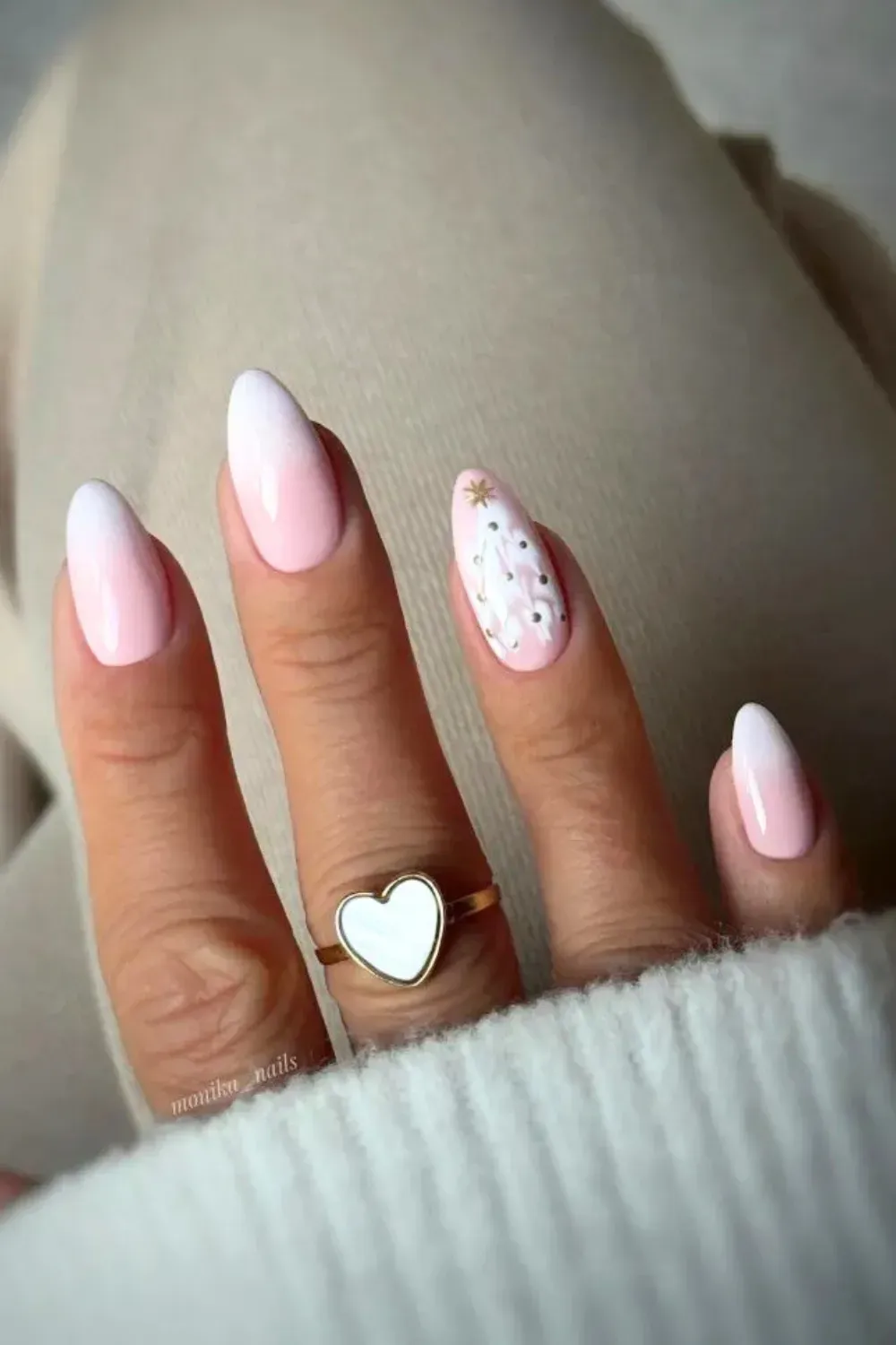 Snowy Ombre Christmas Tree - White and pink ombre almond nails with a textured white Christmas tree accent.